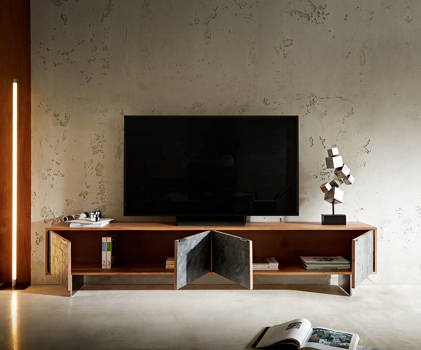 Tv-meubel Teele acacia natuur leisteen 220 cm 4 Deurs poot zwevend roestvrij staal 5 Tv-meubel Teele acacia natuur leisteen 220 cm 4 Deurs poot zwevend roestvrij staal 5