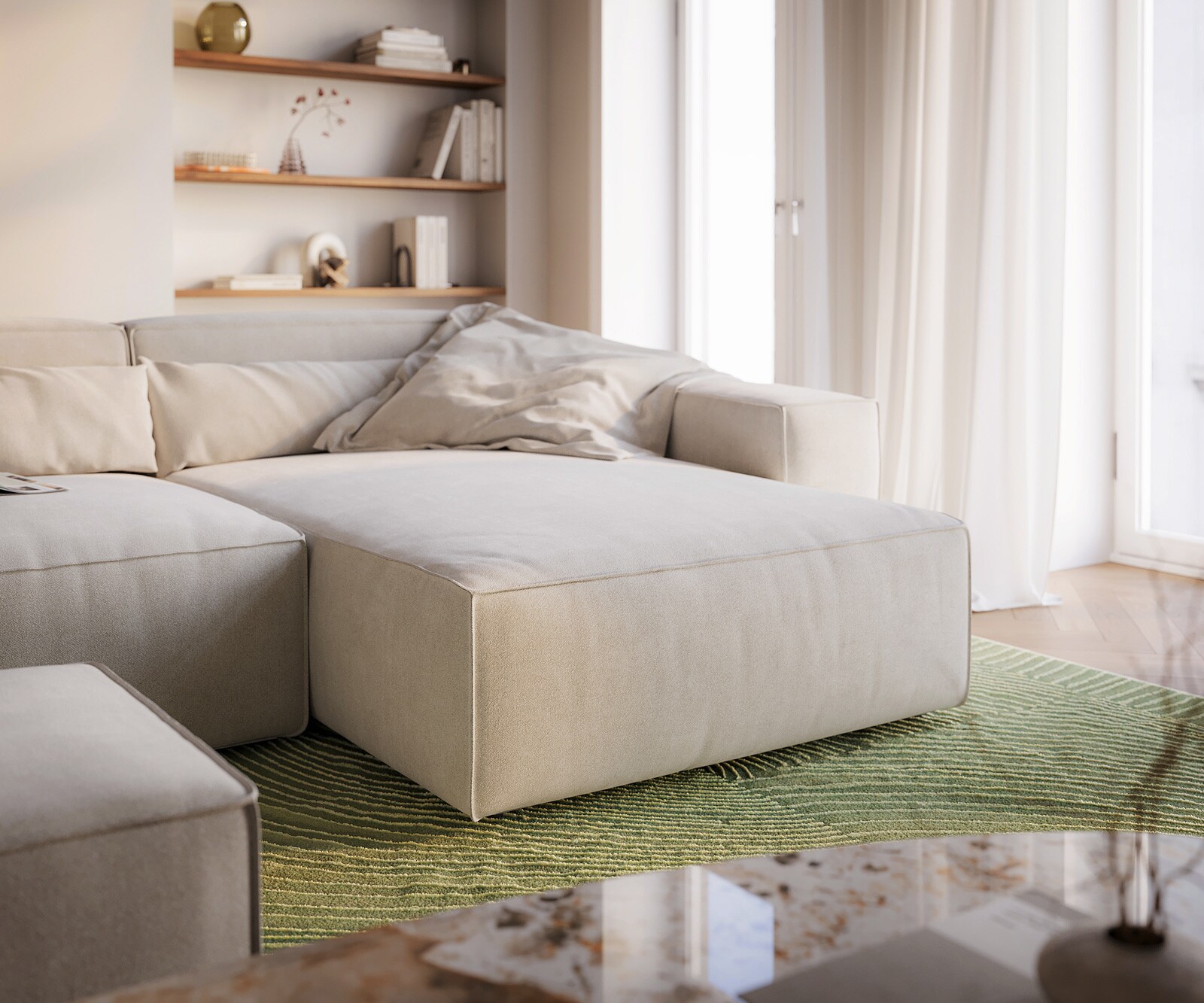 Hoekbank Sirpio XL 270x170 cm Zachte structuurstof Beige Chaise longue variabel met hocker 4