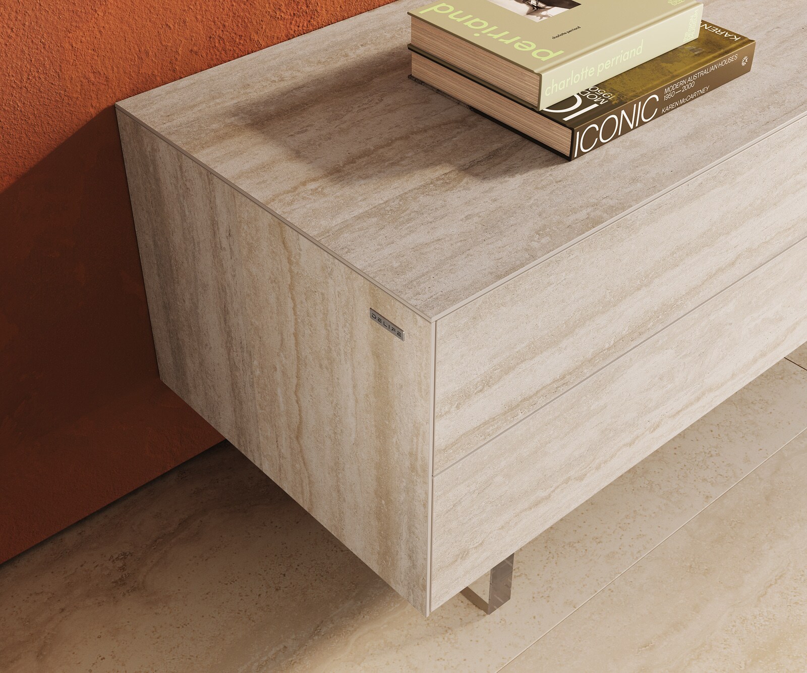 Tv-meubel Cuor 220 cm Keramiek Laminam® Travertino Bianco Crème-wit 1 Flap 2 Laden Zwevende voet look Acrylglas 6