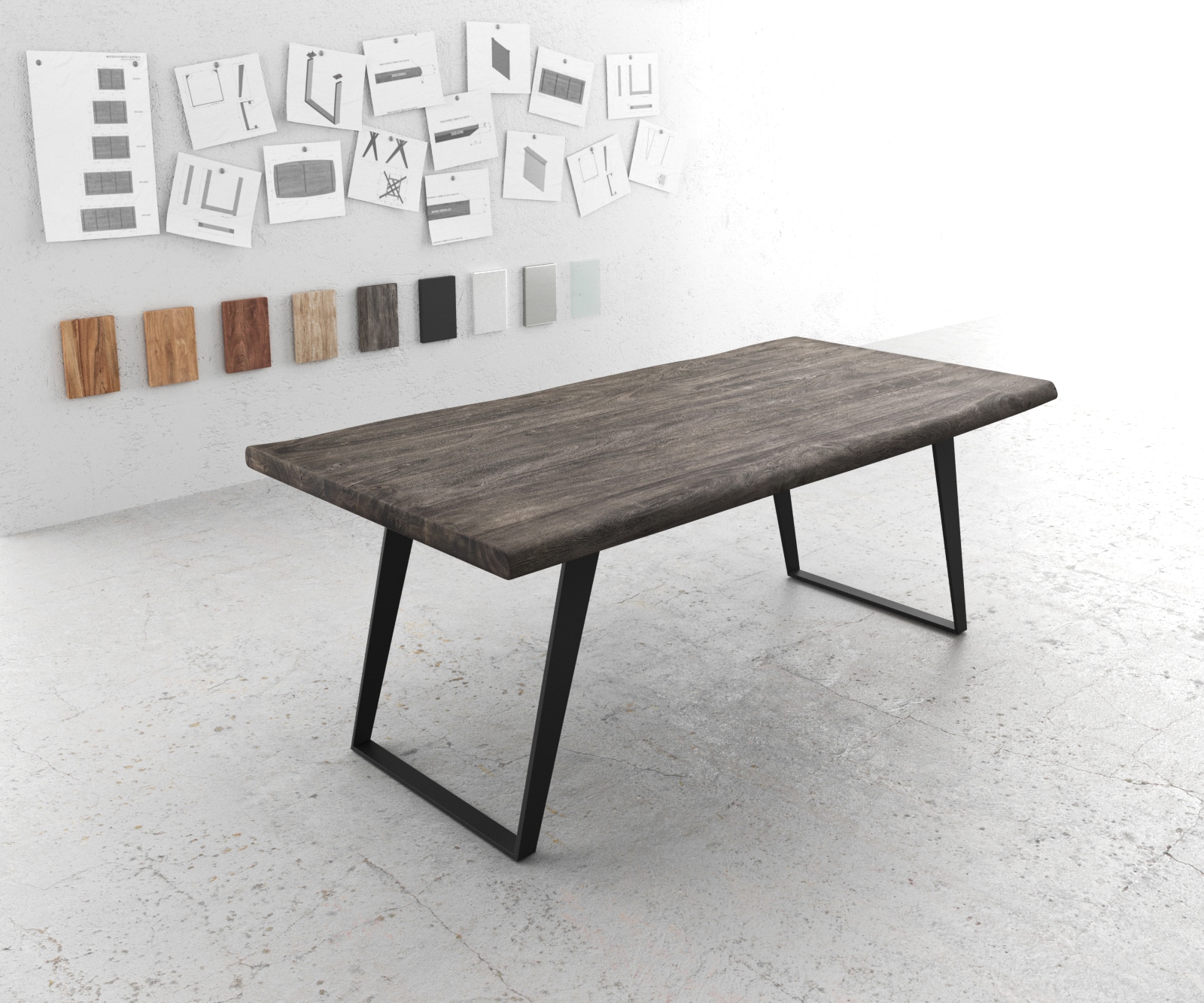 Eettafel Edge 200x100 XL acacia platina metaal schuin Live-Edge Eettafel Edge 200x100 XL acacia platina metaal schuin Live-Edge