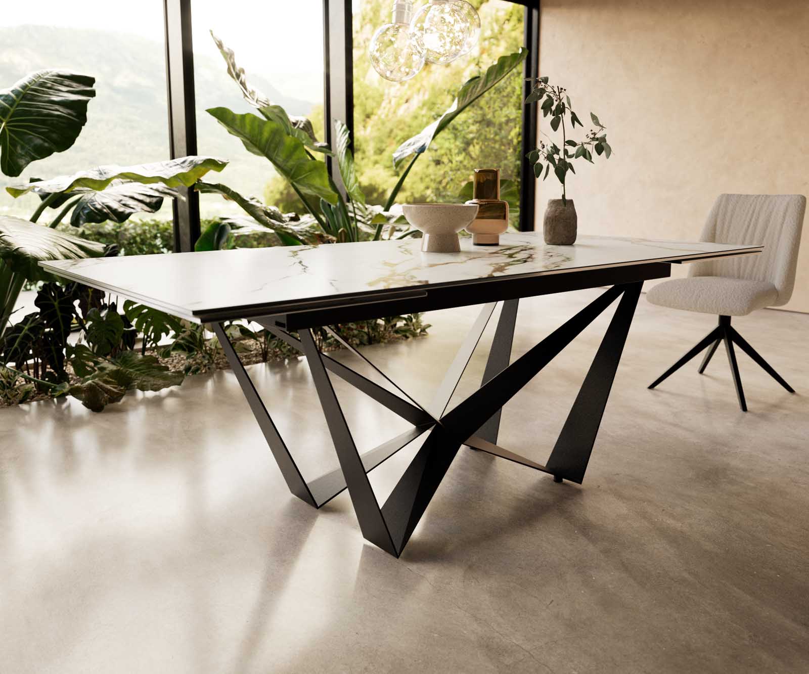 Eetkamertafel Edge 200-300x100 keramiek Calacatta Luxe wit-goud-grijs spider vlak staal zwart uitschuifbaar 6