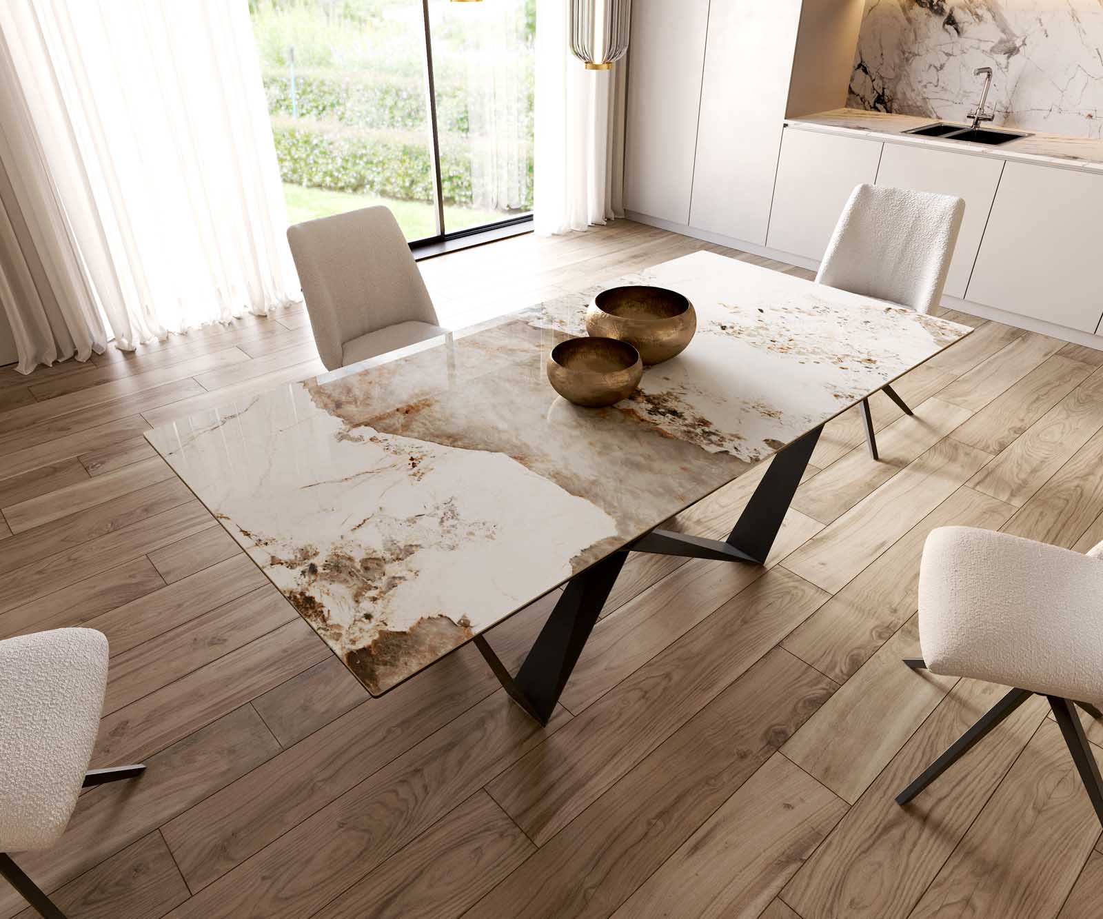 Eetkamertafel Edge 200x100 keramiek Minas Melange wit-beige spider vlak staal zwart 6