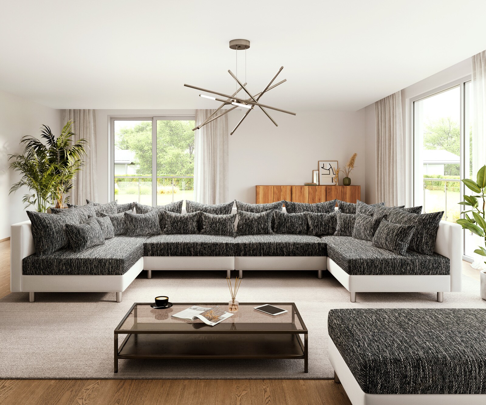Woonlandschap Clovis XL zwart wit met hocker modulair 1 Woonlandschap Clovis XL zwart wit met hocker modulair 1