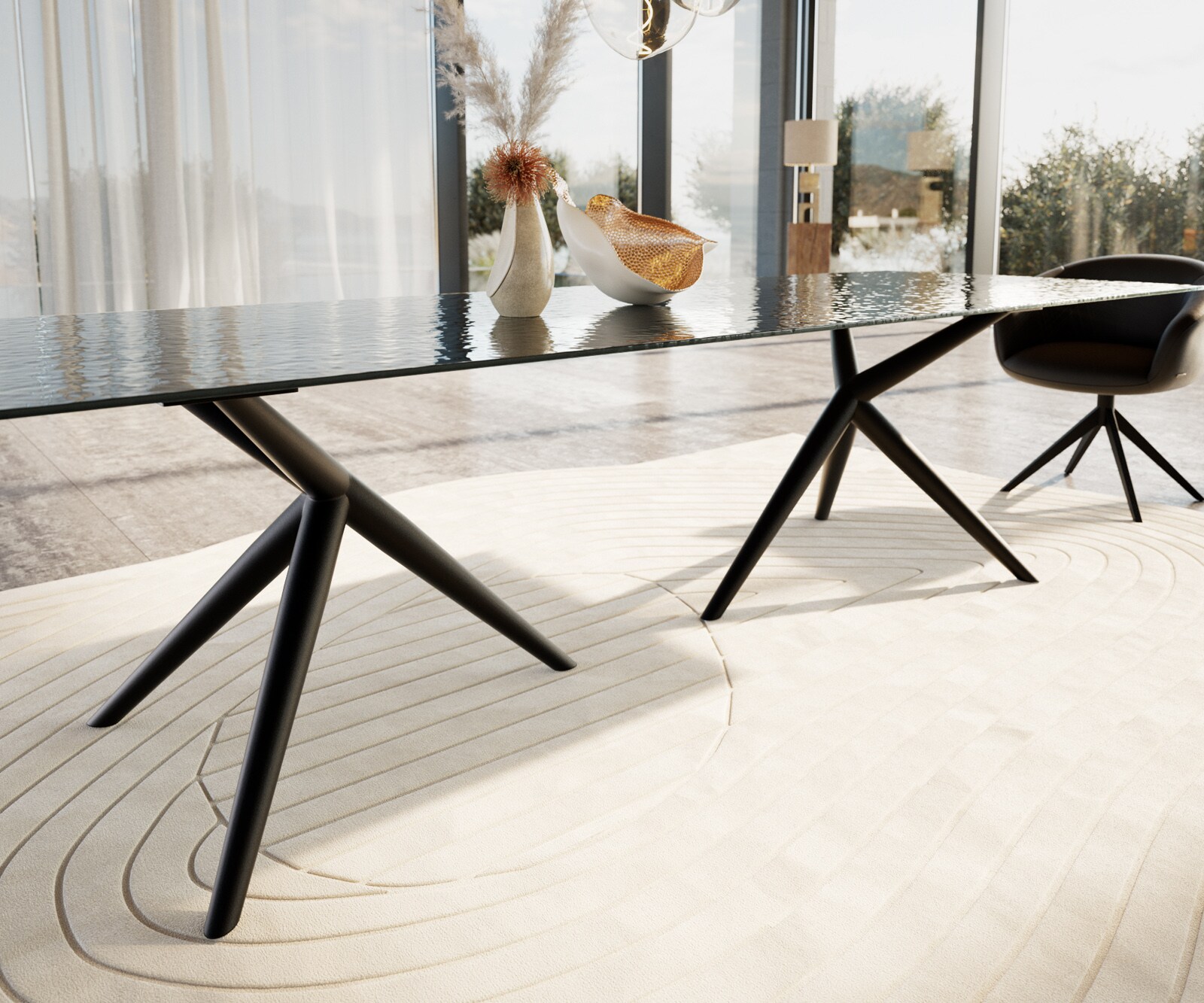 Eettafel Edge 300x100 Reliefglas zwart 3D-Design Estelar rond  metaal zwart 4