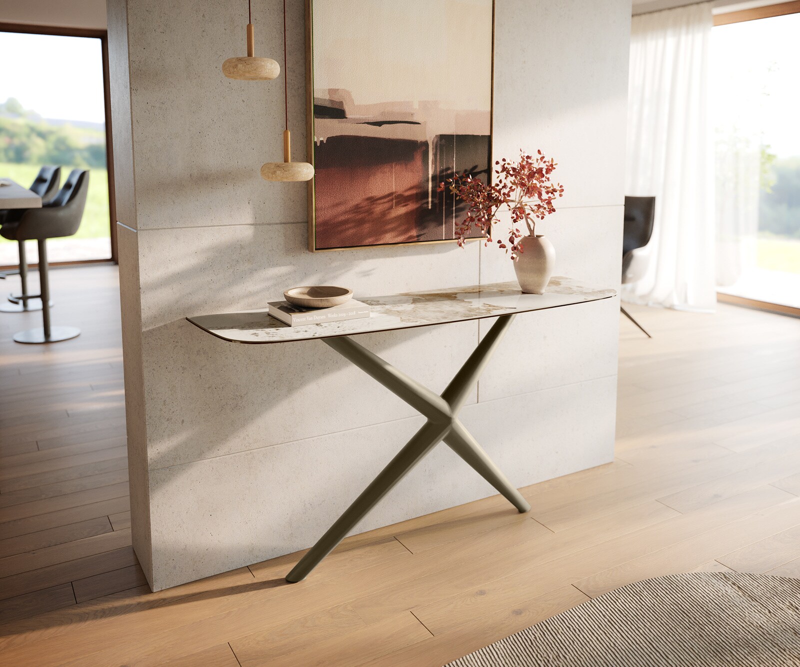 Consoletafel Edge Bootvorm 140x40 cm Keramiek Minas Melange Weiß-Beige Estelo Metaal Effektfinish Titan 4
