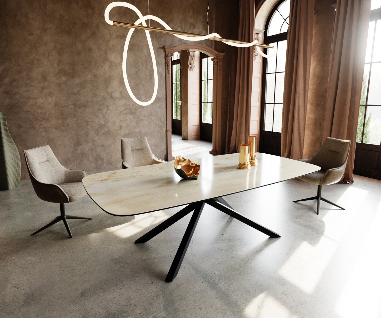 Eetkamertafel Edge Boot 240x120 cm Keramiek Iris FMG Onice Oro kruisonderstel Rechthoek Zwart