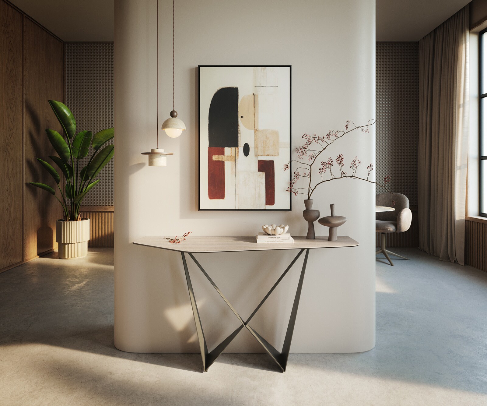 Consoletafel Edge Polygonaal 140x50 cm Keramiek Laminam® Travertino Bianco Creme-Weiß Spios Metaal Effektfinish Titan 4