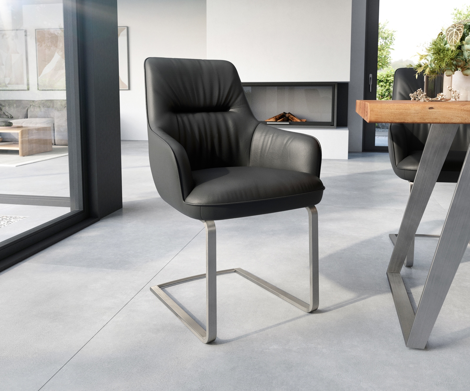 Sledemodel Zelia-Flex met armleuning echt leer zwart sledemodel vlak roestvrij staal pocketveer kern Sledemodel Zelia-Flex met armleuning echt leer zwart sledemodel vlak roestvrij staal pocketveer kern