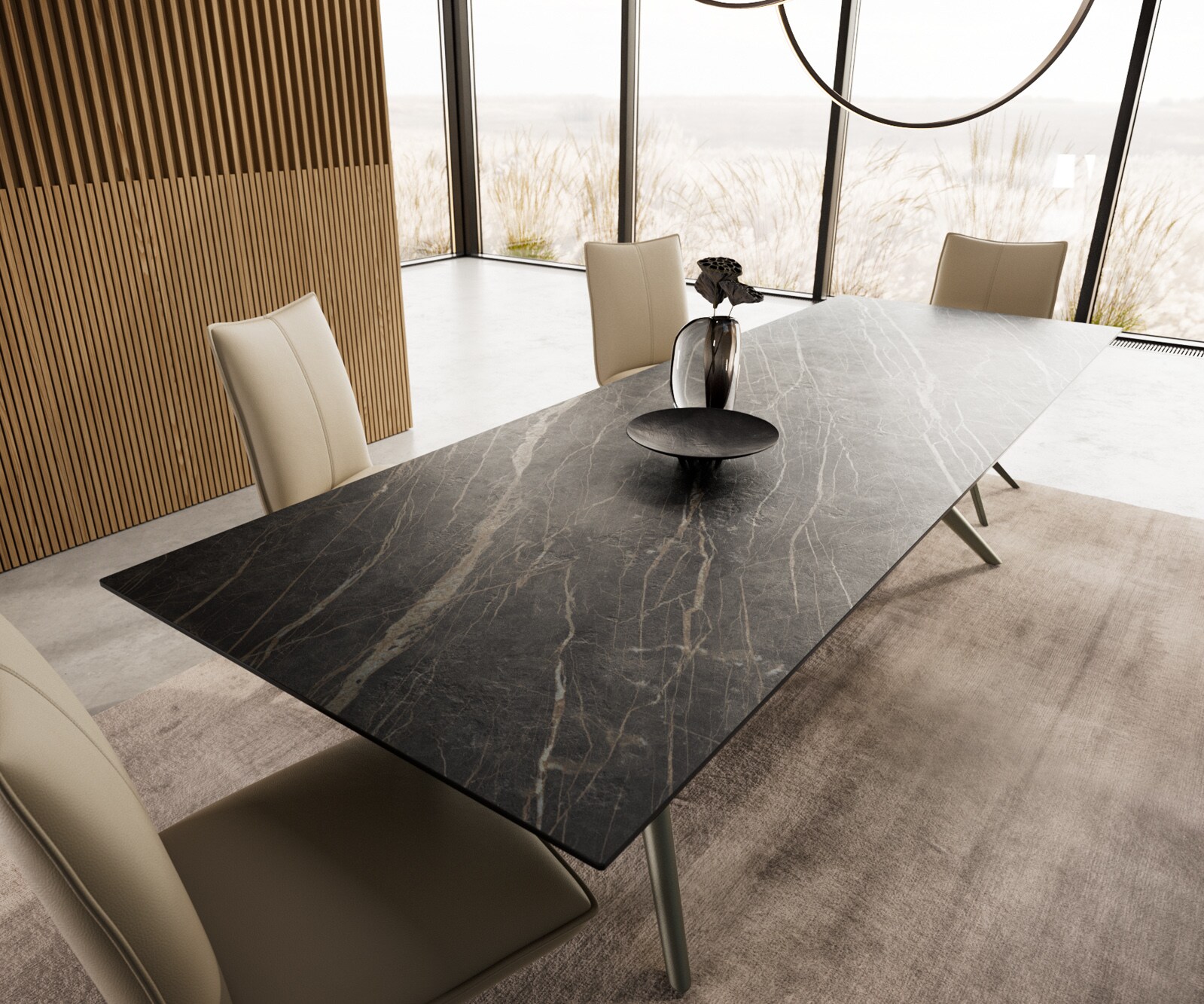 Eetkamertafel Edge 300x100 keramiek Laminam®Noir Desir bruin Estelar rond  metaal effectafwerking titaan 3