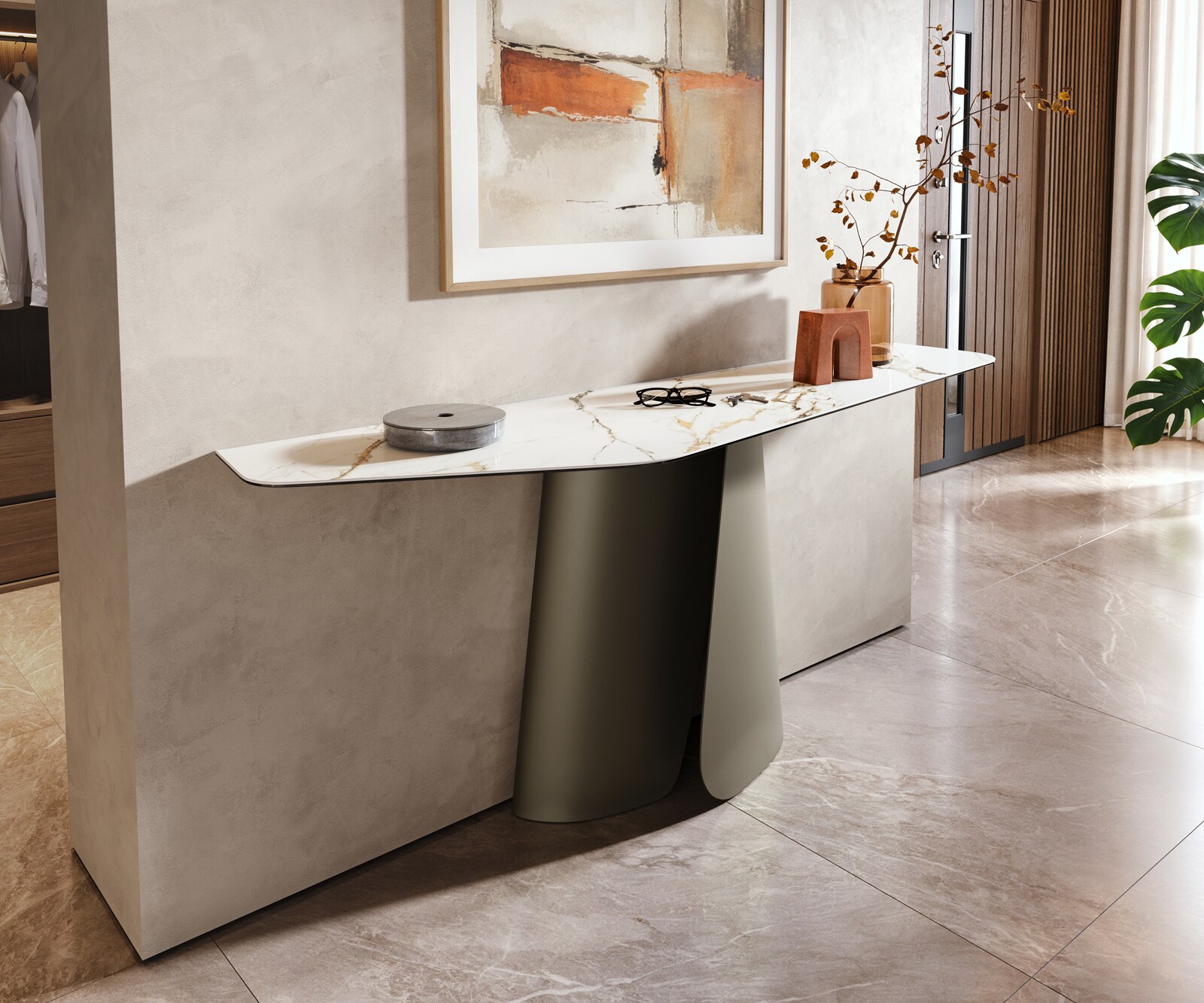 Consoletafel Edge Polygonaal 180x50 cm Keramiek Calacatta Luxe Weiß-Gold-Grijs Livos Metaal Effektfinish Titan 1