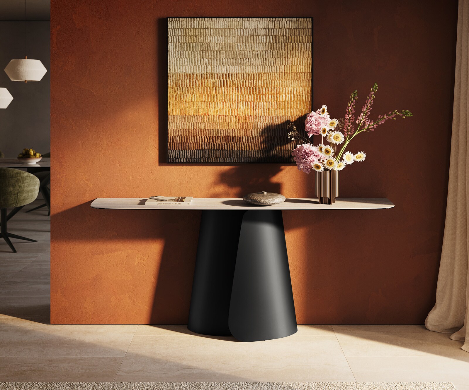 Consoletafel Edge Bootvorm 180x40 cm Keramiek Laminam® Travertino Bianco Creme-Weiß Livos Metaal Zwart 1