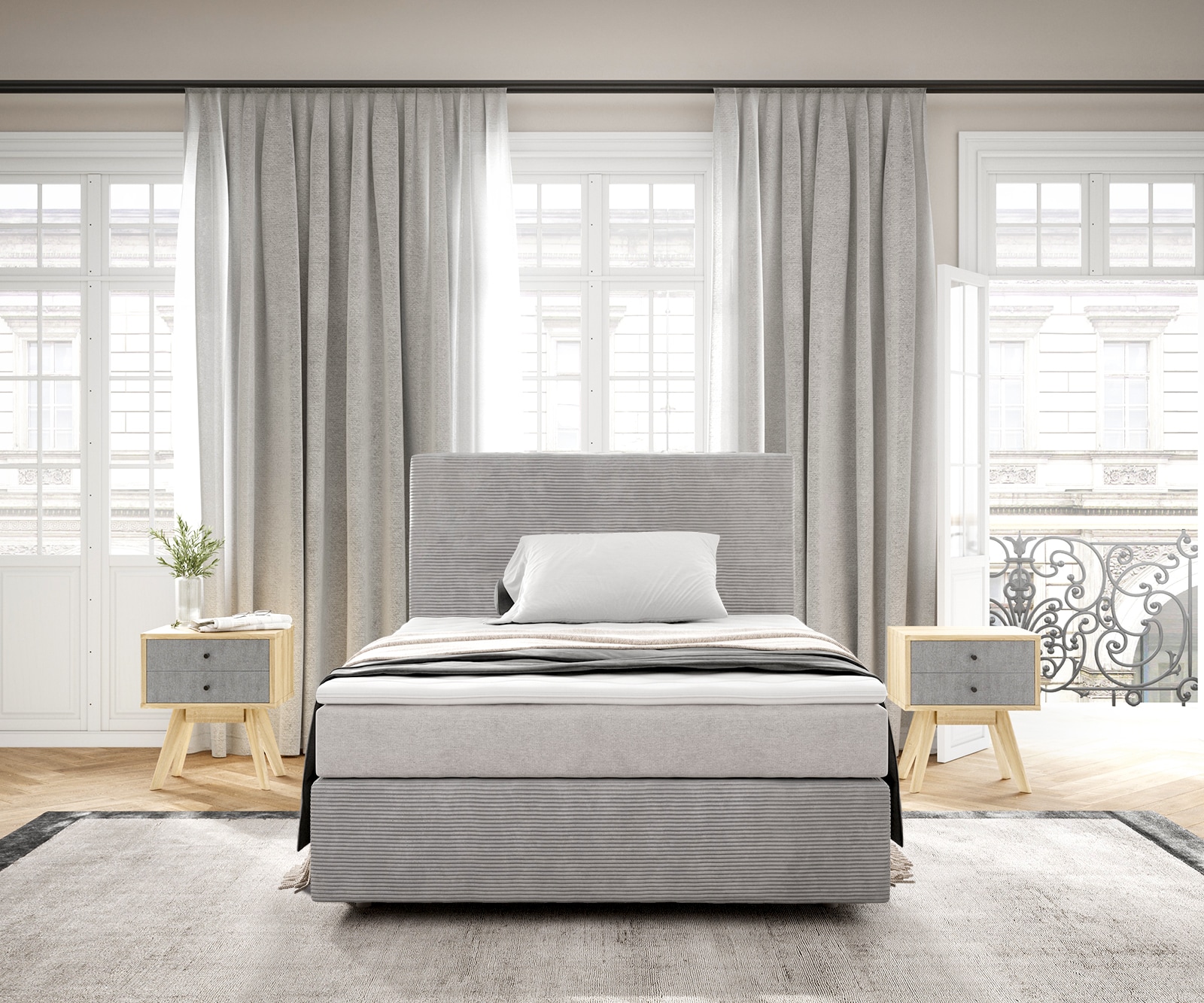 Boxspringbed Dream-Well 120x200 cm Cord Zilvergrijs met Pocketveringmatras en Topper Visco 1 Boxspringbed Dream-Well 120x200 cm Cord Zilvergrijs met Pocketveringmatras en Topper Visco 1