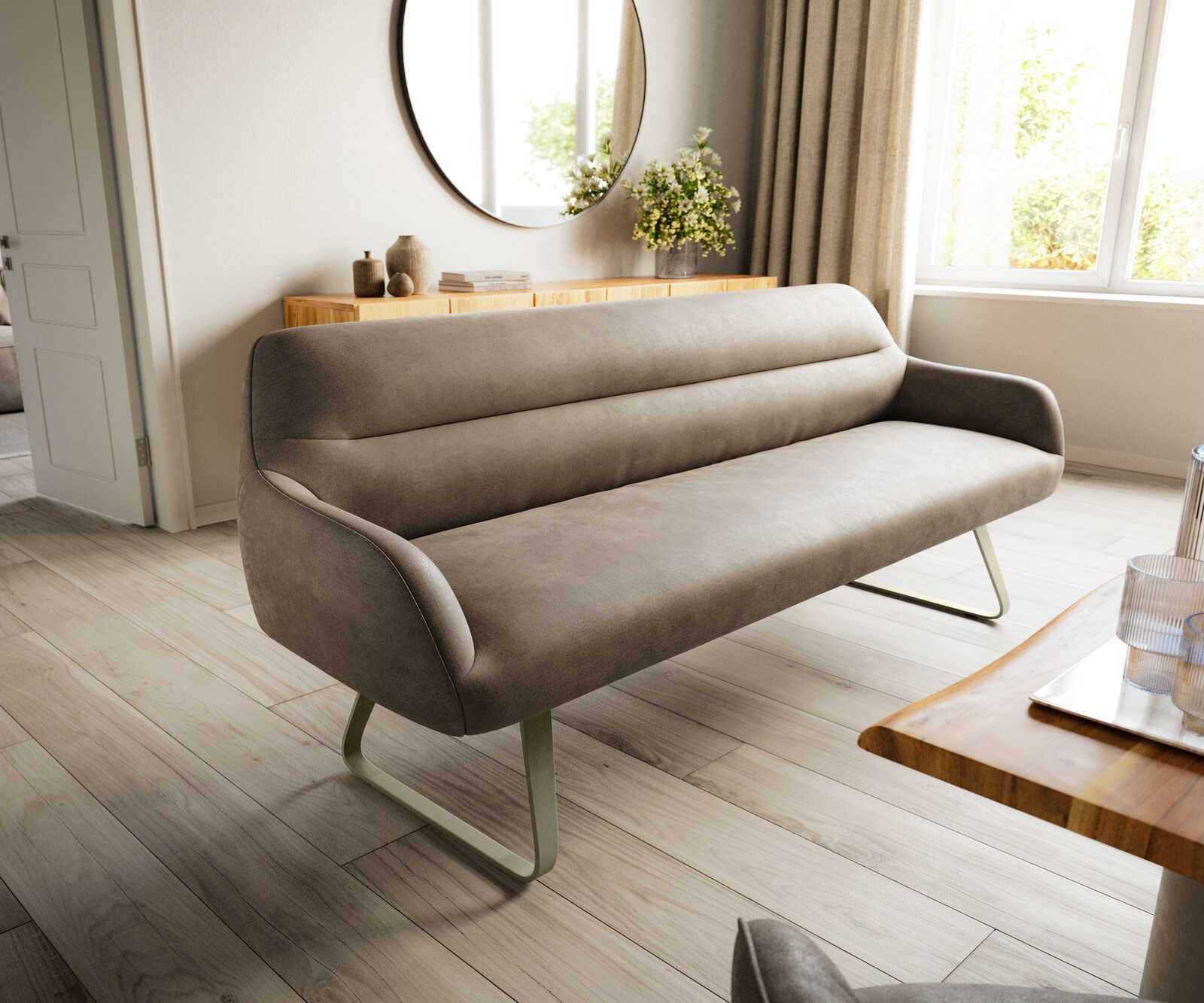 Eetkamerbank Taya-Flex 200 cm microvelours taupe vintage platte sledebasis afwerking met titaniumeffect pocketvering