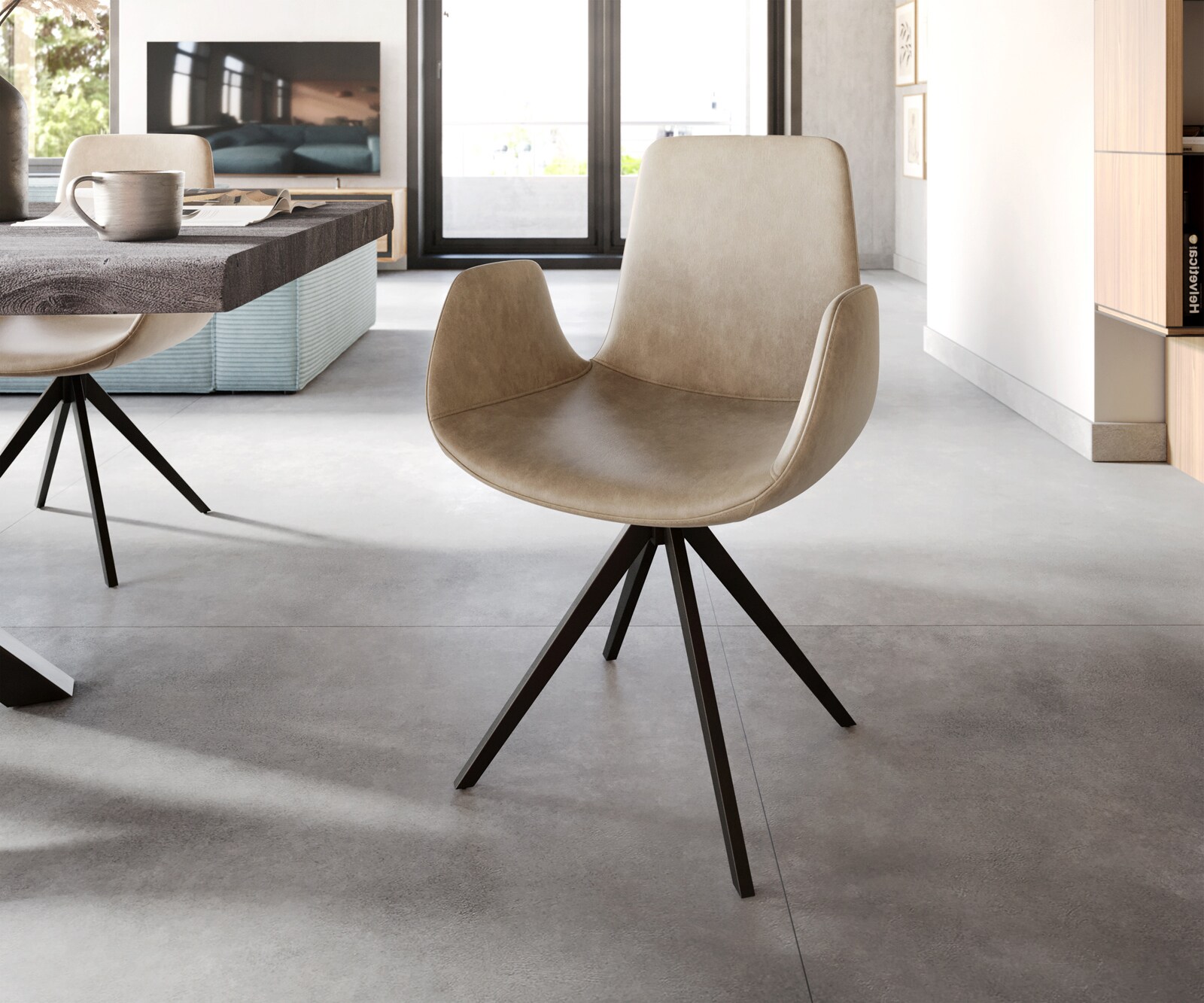 Eetkamerstoel Ilia-Flex met armleuning microvelours beige vintage kruisframe hoekig zwart