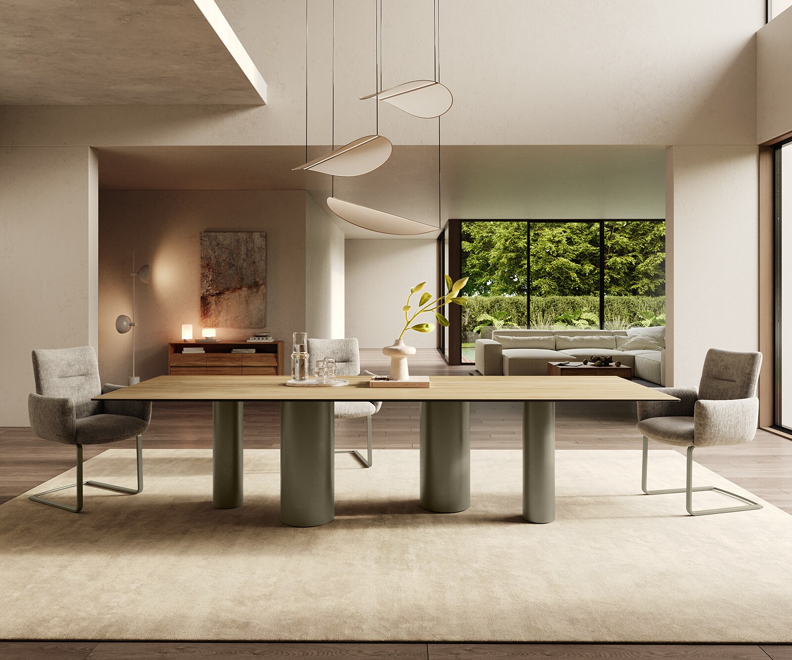 Eetkamertafel Edge 300x100 keramiek Laminam® Sabbia eiken kleur Pilier metaal effectafwerking titaan 1