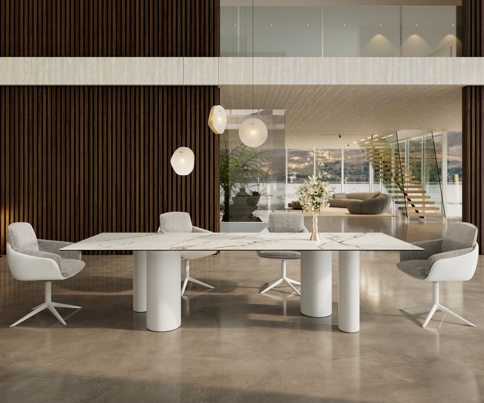 Eetkamertafel Edge 300x100 keramiek Calacatta Luxe wit-Gold-grijs Pilier metaal wit