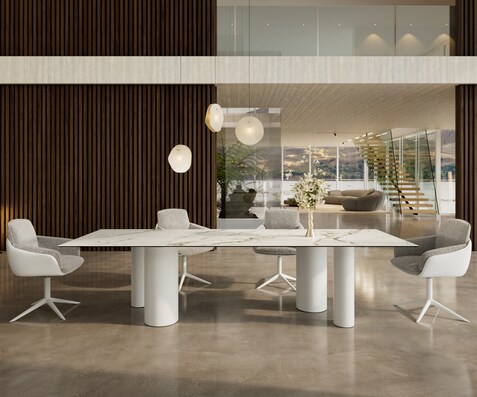 Eetkamertafel Edge 300x100 keramiek Calacatta Luxe wit-Gold-grijs Pilier metaal wit