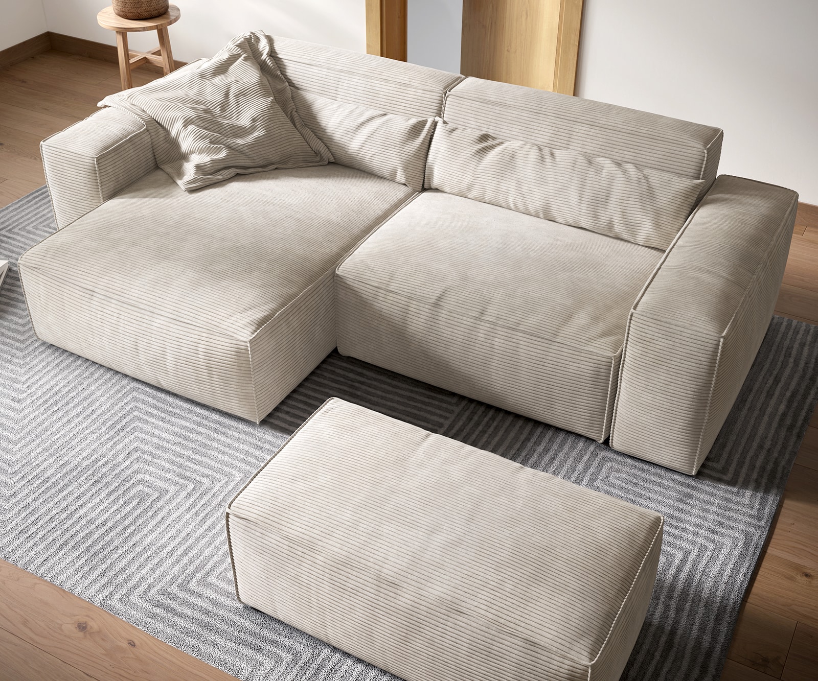 Hoekbank Sirpio XL 270x170 cm koord beige recamiere variabel met kruk 3 Hoekbank Sirpio XL 270x170 cm koord beige recamiere variabel met kruk 3
