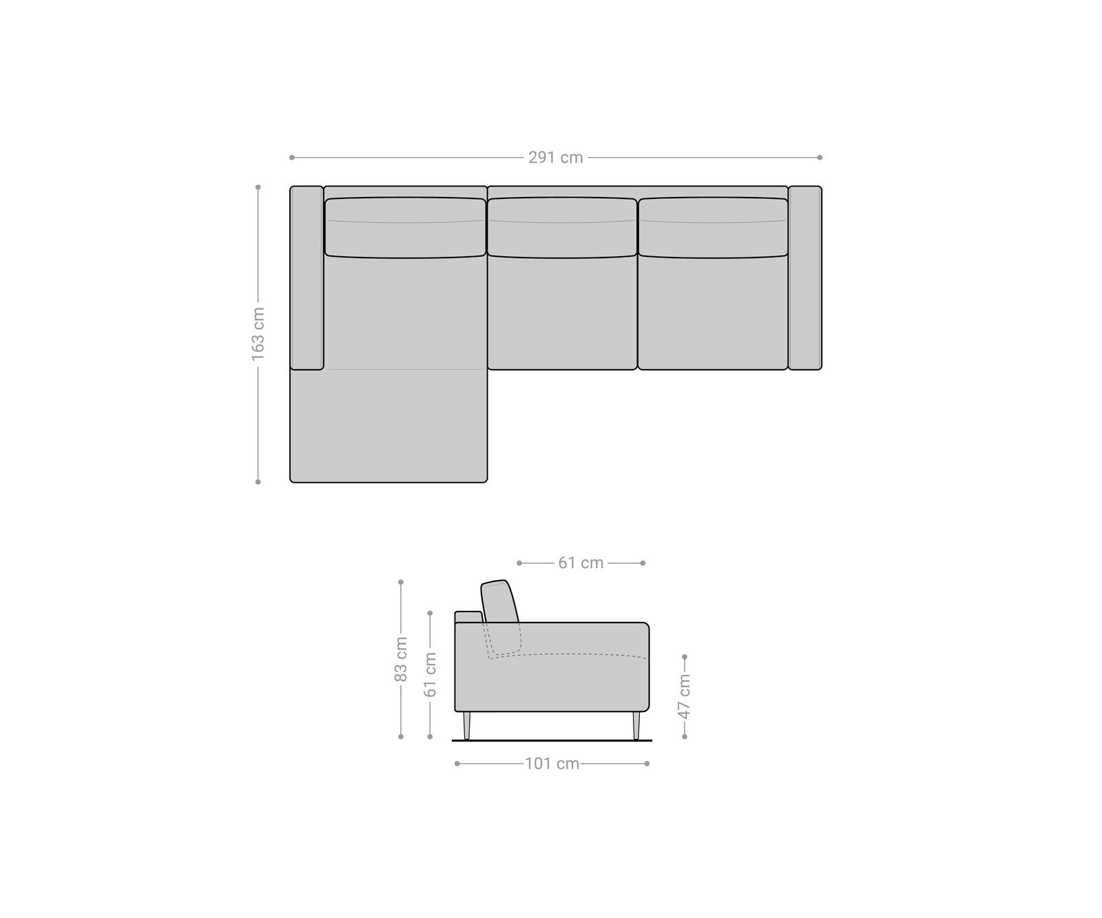 Hoekbank Sottil 290 x 165cm Chenille antraciet recamiere links 5