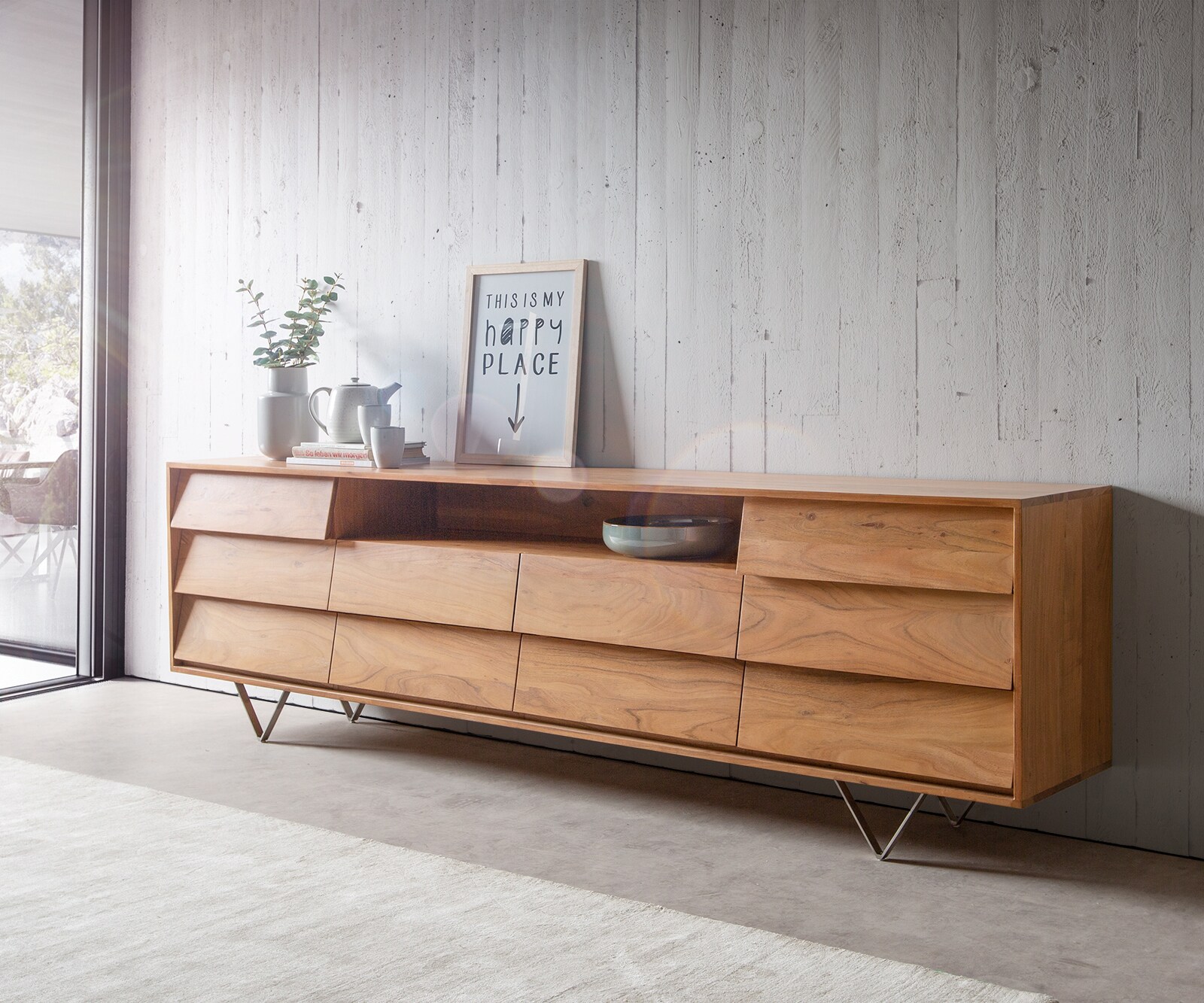 Dressoir Eloi Acacia Natuur 240x40 cm 2 Deuren 6 Laden V-Poot RVS