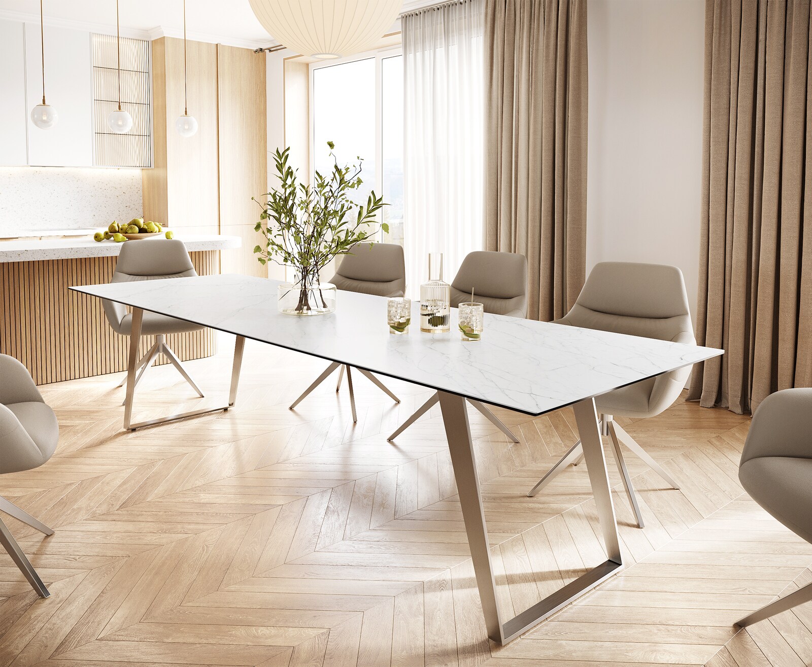 DELIFE Eettafel Edge 300x100 keramiek Laminam® Statuarietto wit roestvrij staal hoekig