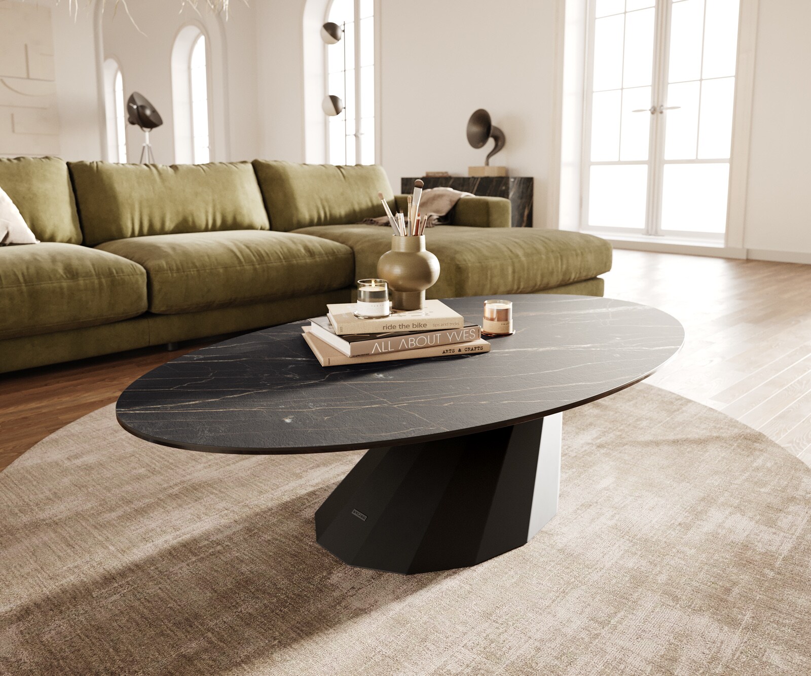 Salontafel Edge Oval 140x80 cm keramiek Laminam® Noir Desir bruin Parabi zwart metaal