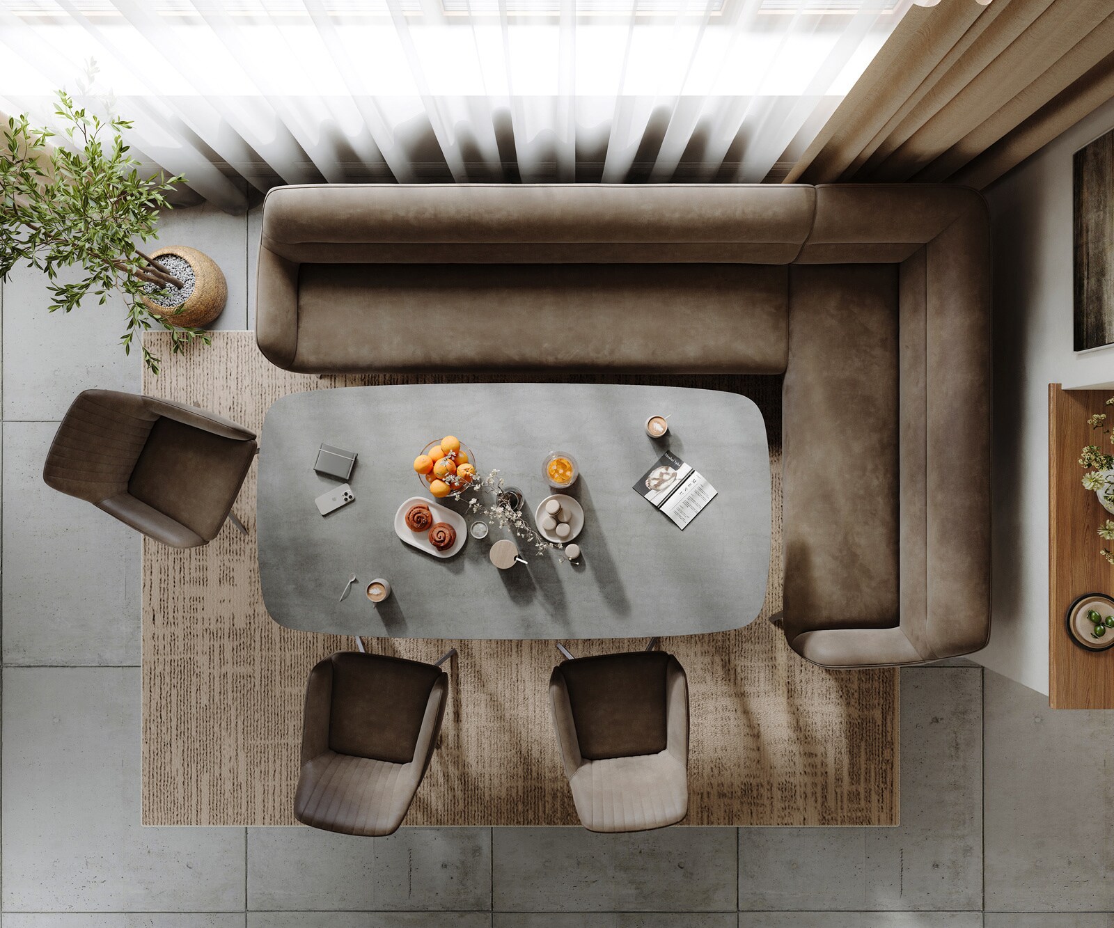 Eetkamerbank Taya-Flex 285x190 cm microvelours taupe vintage hoekig kruisframe grafiet pocketvering links 6