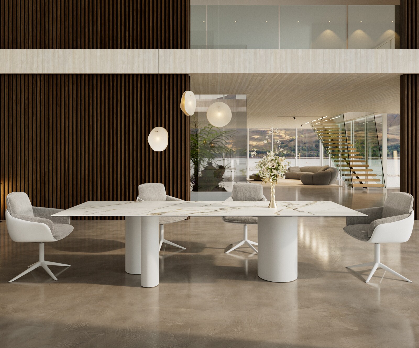 Eetkamertafel Edge 300x100 keramiek Calacatta Luxe wit-Gold-grijs Troa metaal wit