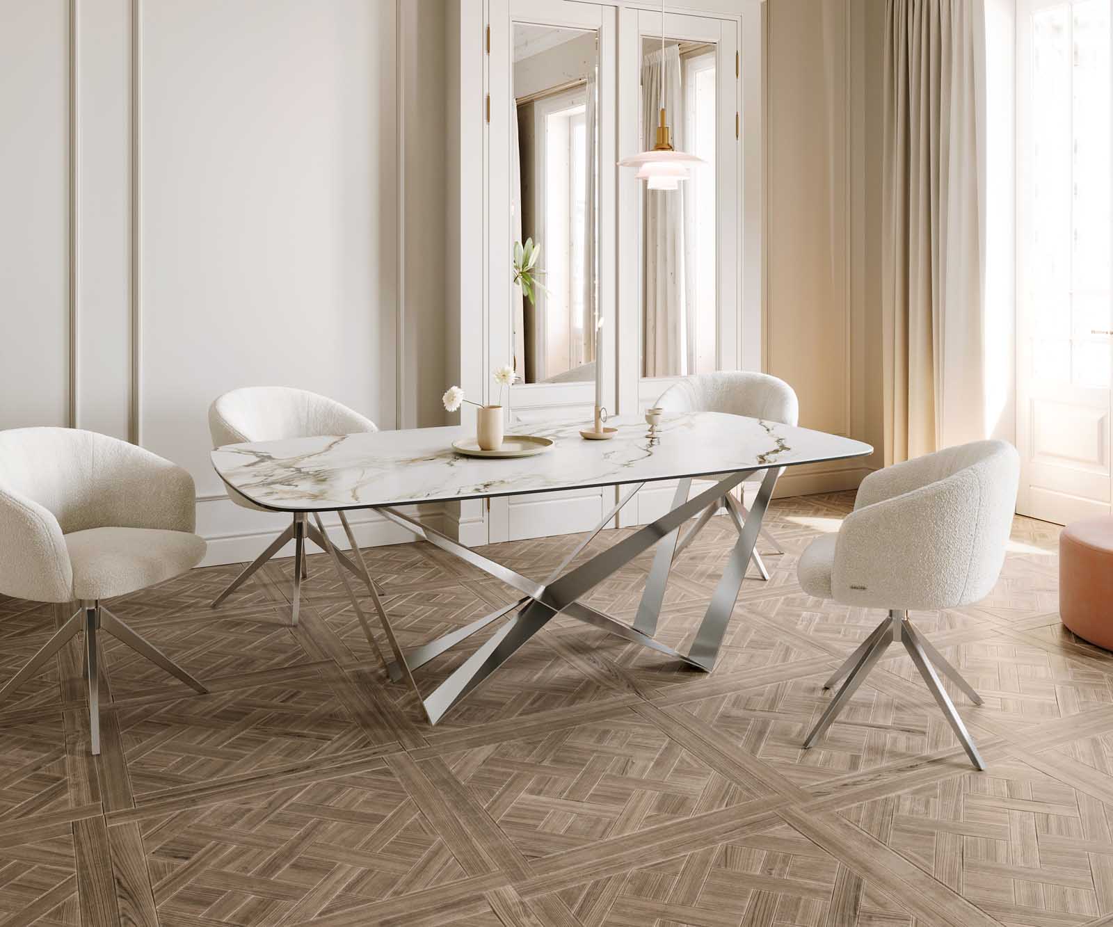 Eetkamertafel Edge Boot 200x100 keramiek Calacatta Luxe wit-goud-grijs spider vlak staal RVS 6
