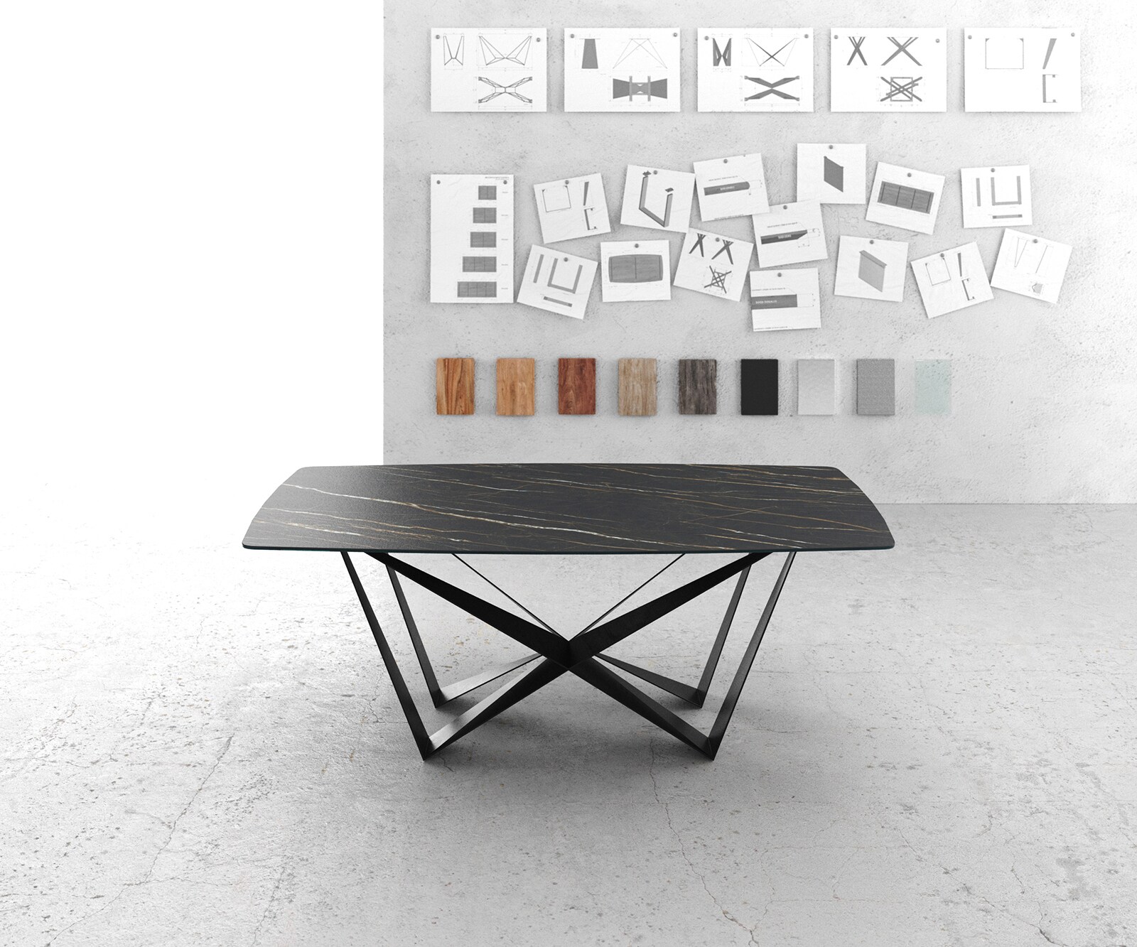 Eettafel Edge Bootsform 200x100cm Laminam® keramiek bruin middenpoot vlak staal zwart 1