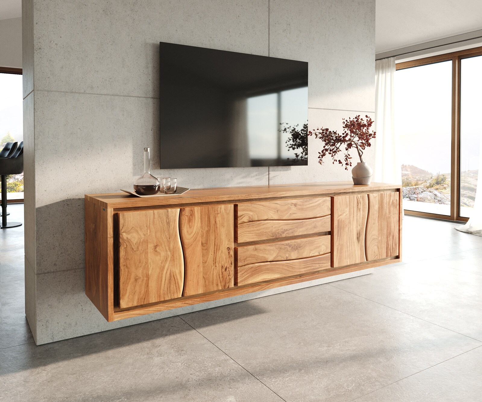  TV-tafel Live-Edge acacia 4-deurs boomrand Lowboard 5