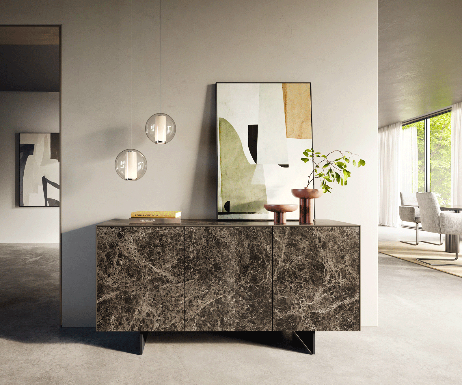 Dressoir Cuor 150 cm Keramiek Laminam® Emperador Extra Lucidato Donkerbruin 3 Deuren Zwevende voet look Metaal Zwart 2