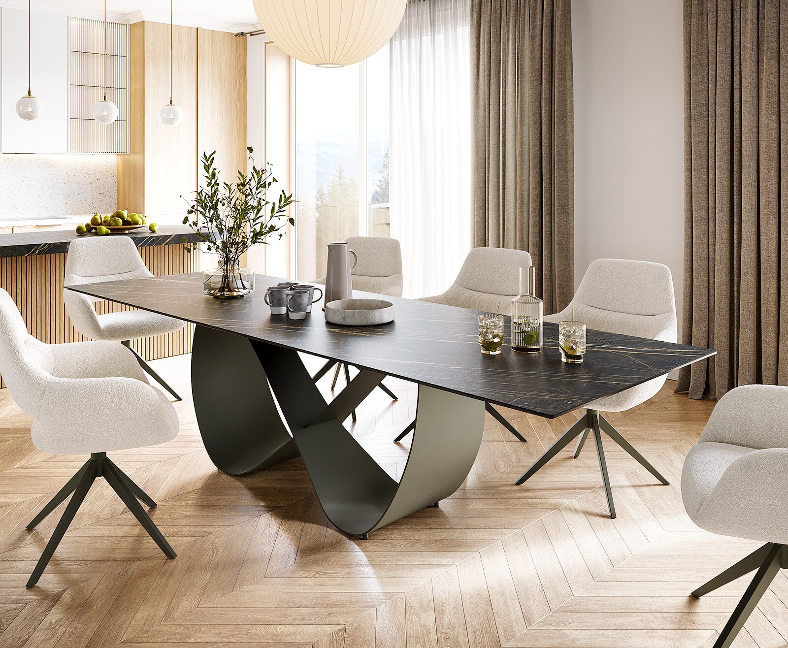 Eettafel Edge 300x100 Keramiek Laminam® Noir Desir Bruin Infinity Metaal Effect Afwerking Titanium