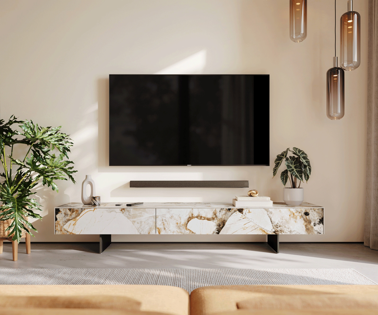 Tv-meubel Cuor 200 cm Keramiek Patagonia gepolijst 1 Flap 1 Laden Zwevende voet look Metaal Zwart 2