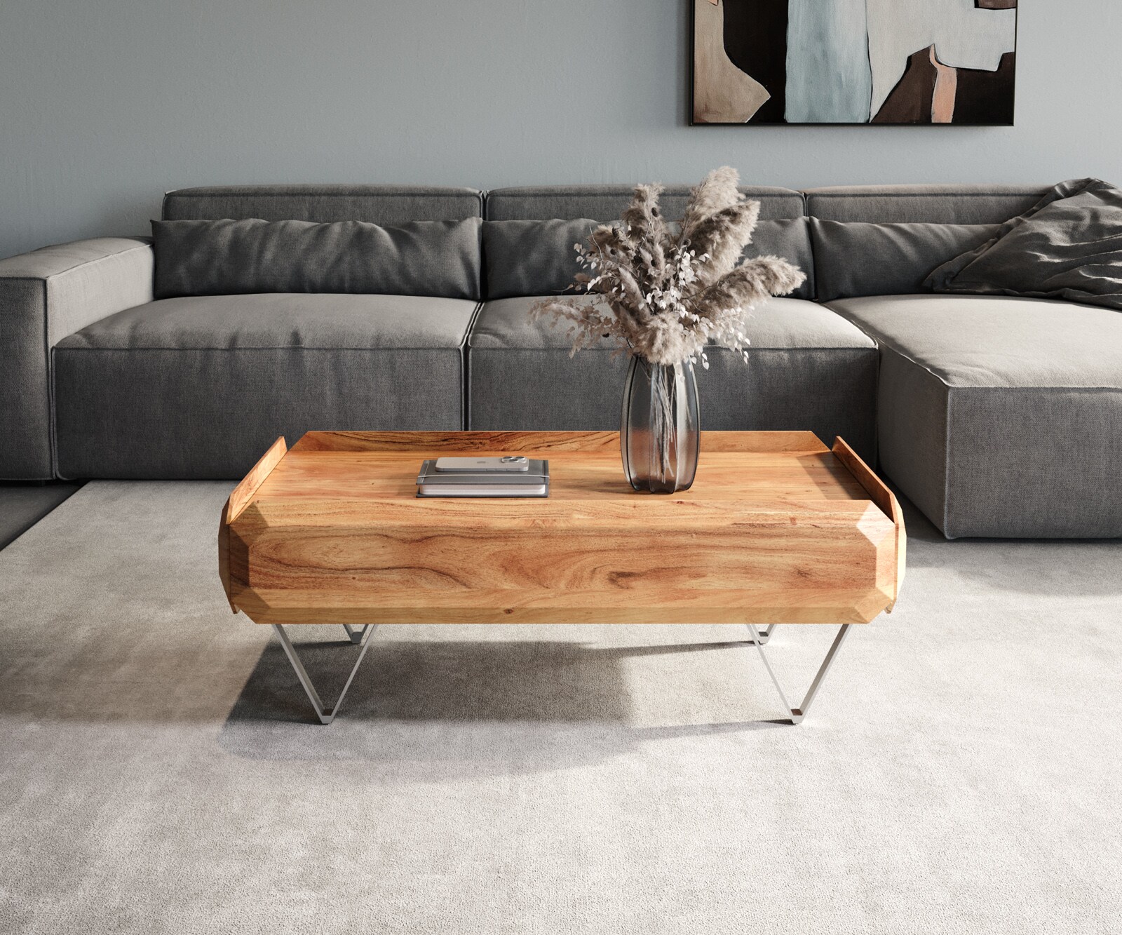 Salontafel Kiano 100x50 cm natuur acacia 2 laden V-poot roestvrij staal 1