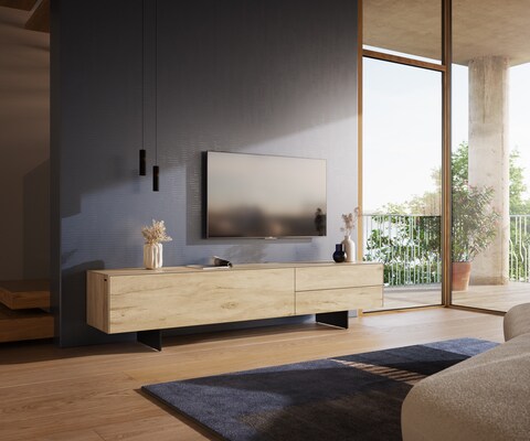 Tv-meubel Cuor 220 cm Keramiek Laminam® Sabbia Eiken gekleurd 1 Flap 2 Laden Zwevende voet look Metaal Zwart