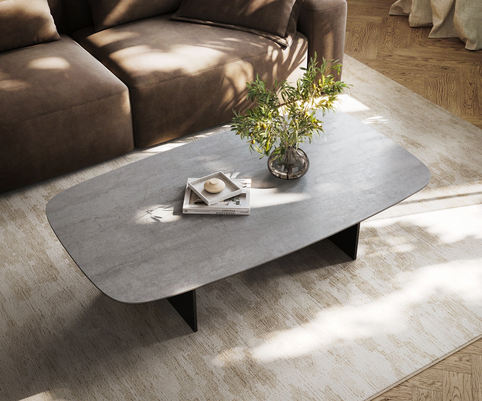 Salontafel Edge bootvormig 140x80 cm keramiek beton grijs Salto metaal zwart 3