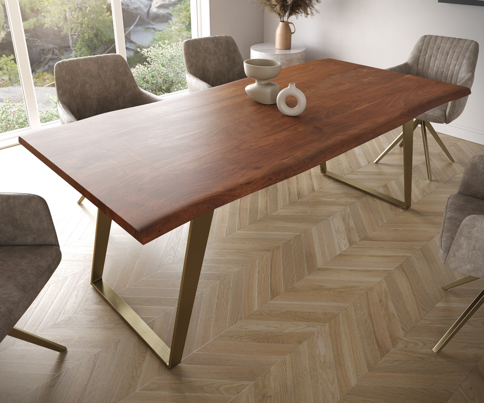 Eettafel Edge 200x100 acacia bruin  roestvrij staal  Gold schuin Live-Edge 4
