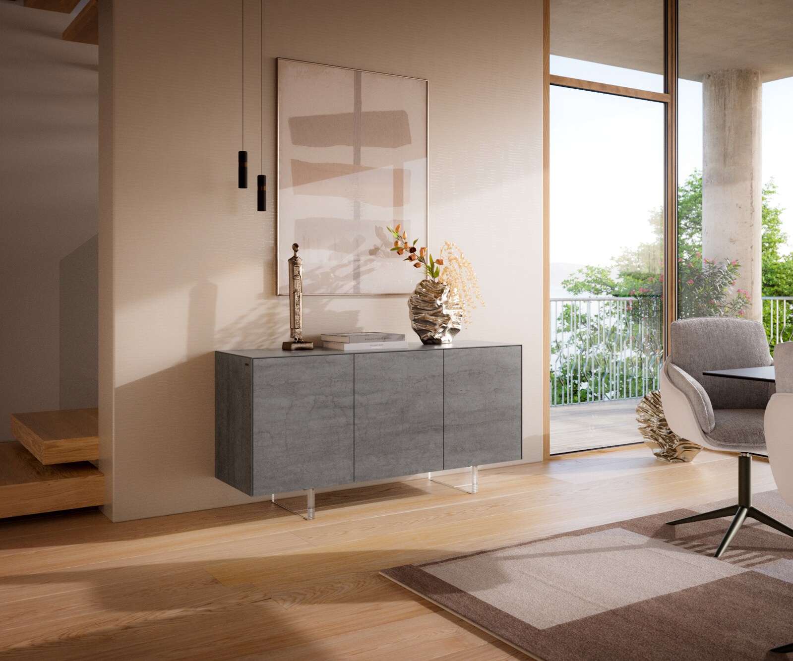 Dressoir Cuor 150 cm Keramiek Beton Grijs 3 Deuren Zwevende voet look Acrylglas