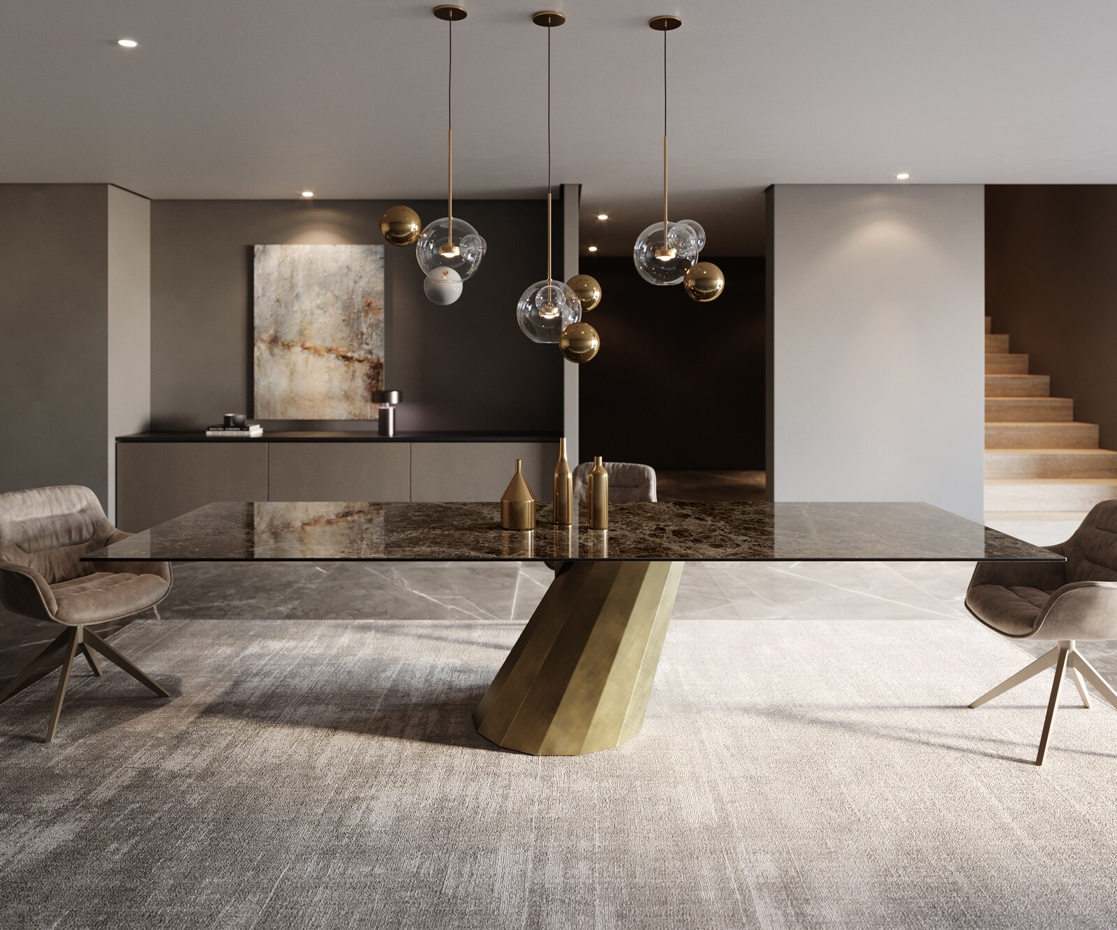 Eettafel Edge 300x100 keramiek  Laminam® Emperador Extra Lucidato donkerbruin Parabel metaal goud 2