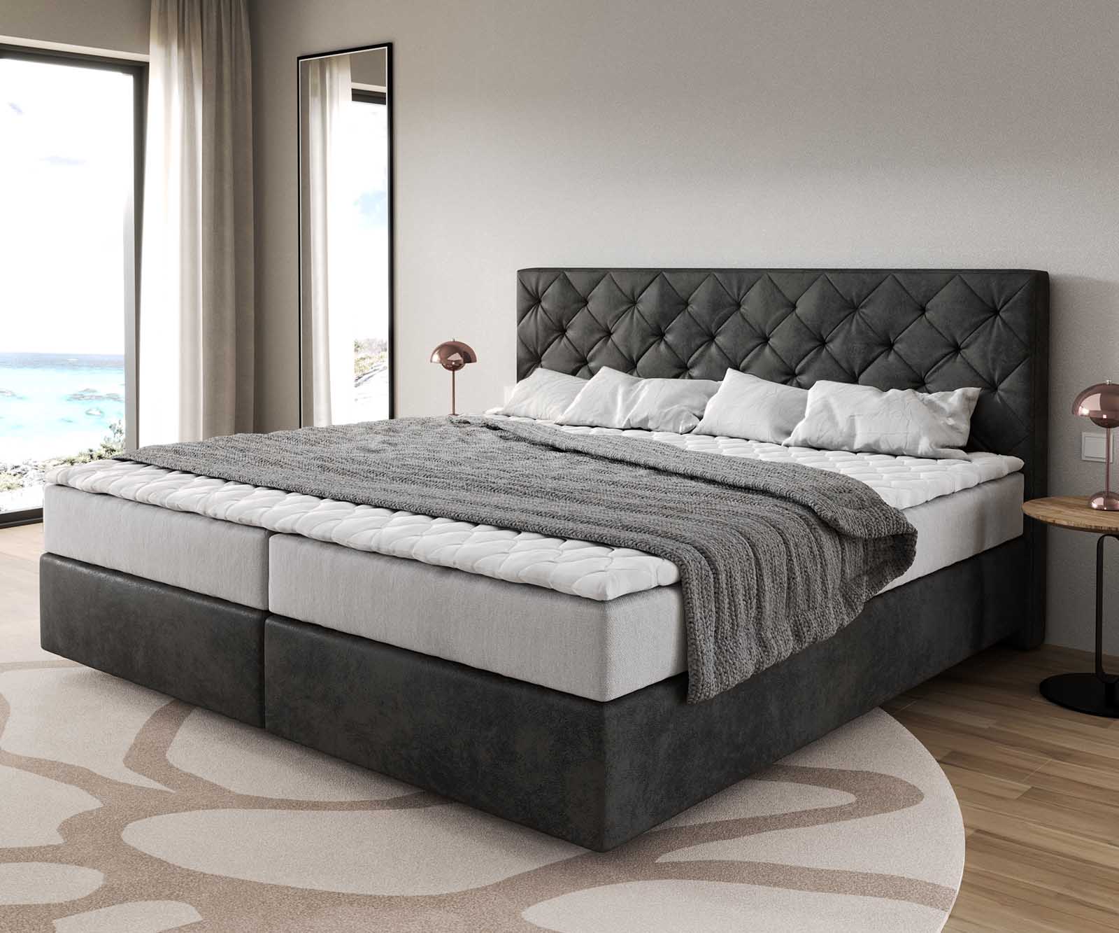 Boxspring bed Dream-Great 200x200cm Microvezel antraciet vintage 200x200 cm met pocketveringmatras en visco-topper 1