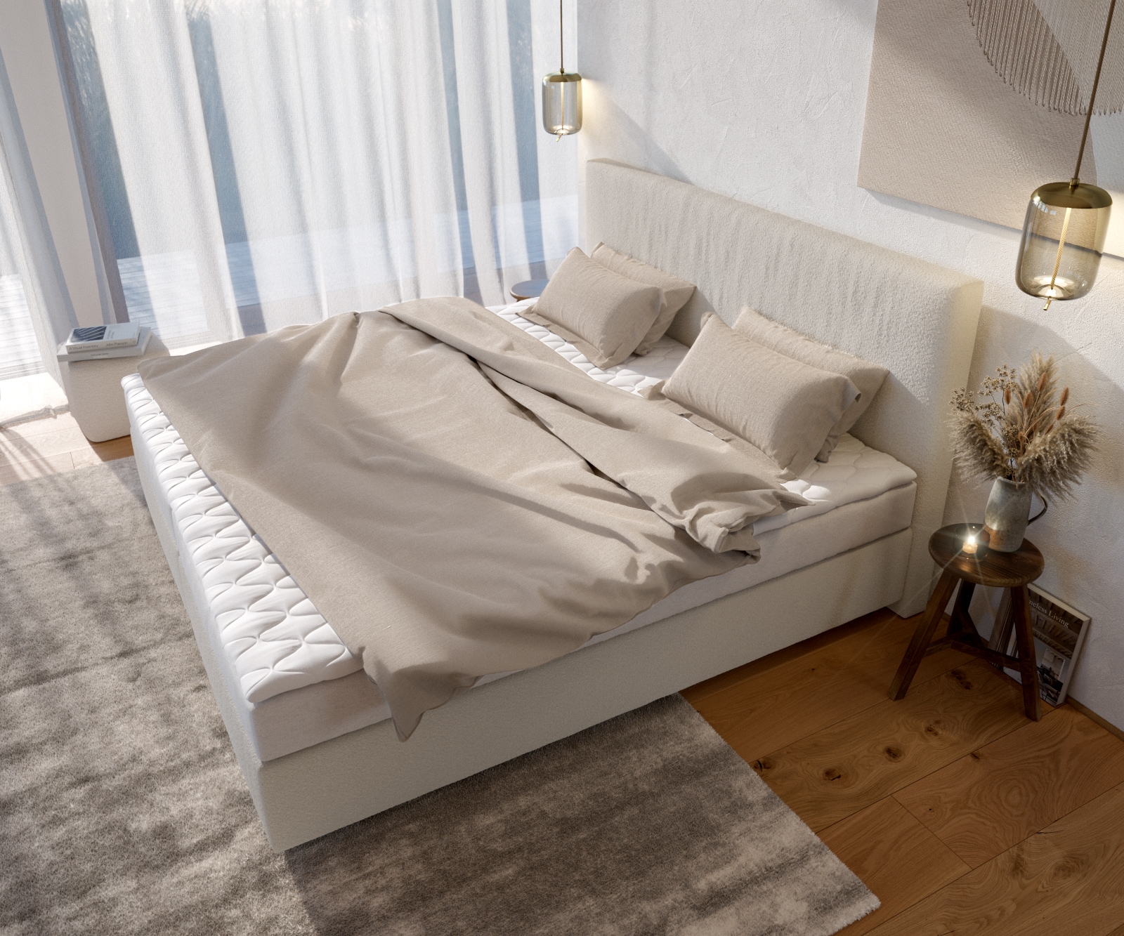 Boxspringbed Dream-Well Bouclé Crème-Wit 200x200 cm met Bonell-matras en PU-topper 3 Boxspringbed Dream-Well Bouclé Crème-Wit 200x200 cm met Bonell-matras en PU-topper 3