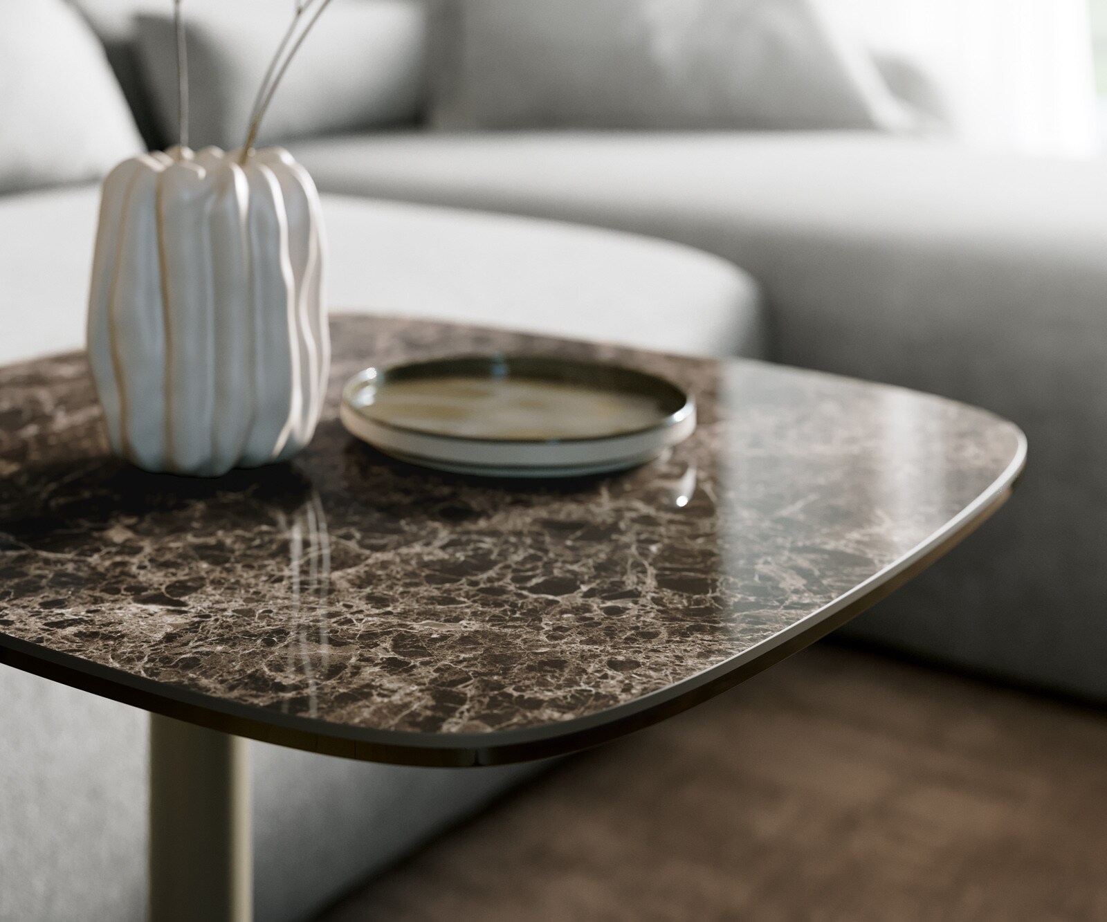 Bijzettafel Edge bootvorm 50x50 cm keramiek Emperador Extra Lucidato donkerbruin Eleny metaal effectafwerking titanium 5