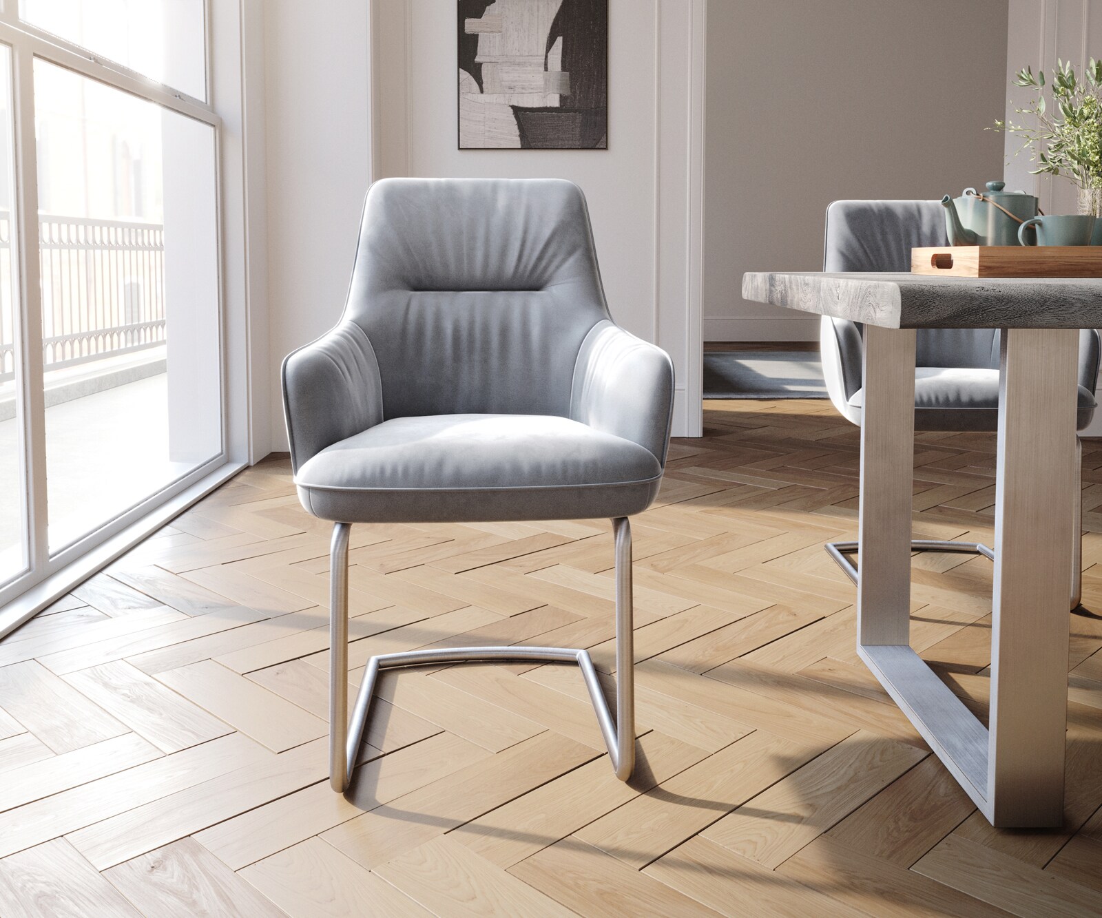 Sledemodel Zelia-Flex met armleuning fluweel grijs sledemodel rond roestvrij staal pocketveer kern 1 Sledemodel Zelia-Flex met armleuning fluweel grijs sledemodel rond roestvrij staal pocketveer kern 1