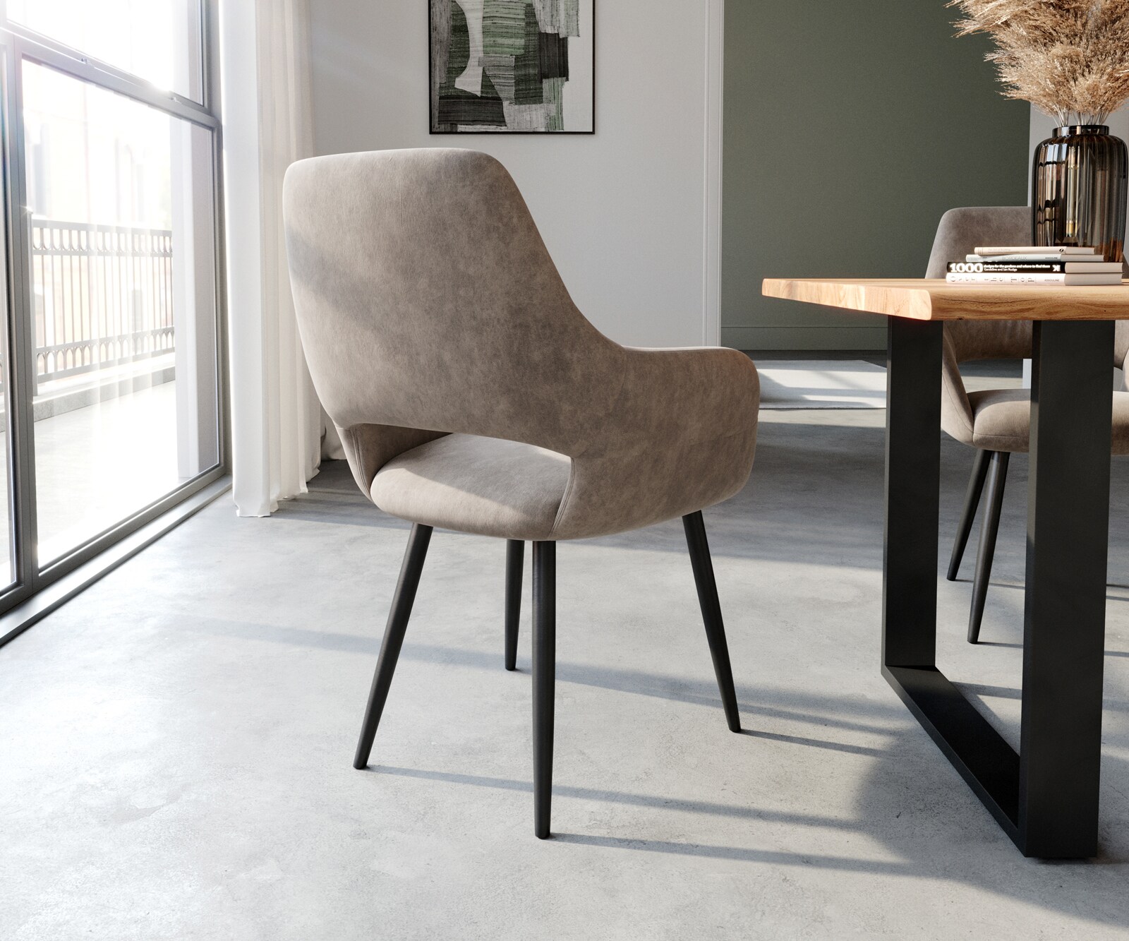 Eetkamerstoel Yago-Flex met armleuning microvelours taupe vintage 4-poot conisch zwart pocketveer kern 5