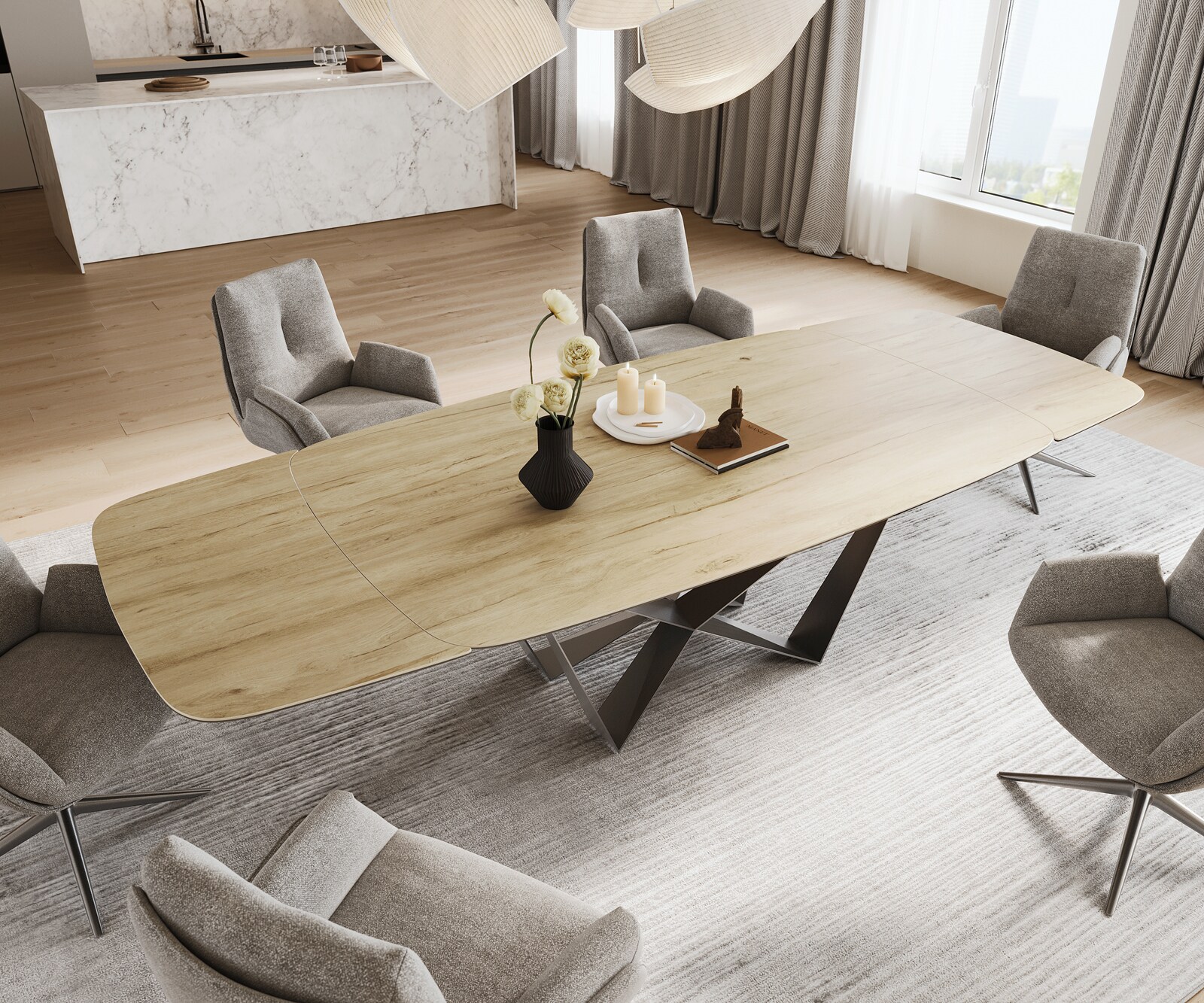 Eettafel Edge Boot 200-300x120 cm Keramiek Laminam® Sabbia Eichefarbig Spider Flachstahl Roestvrij staal Grafiet uitschuifbaar 4