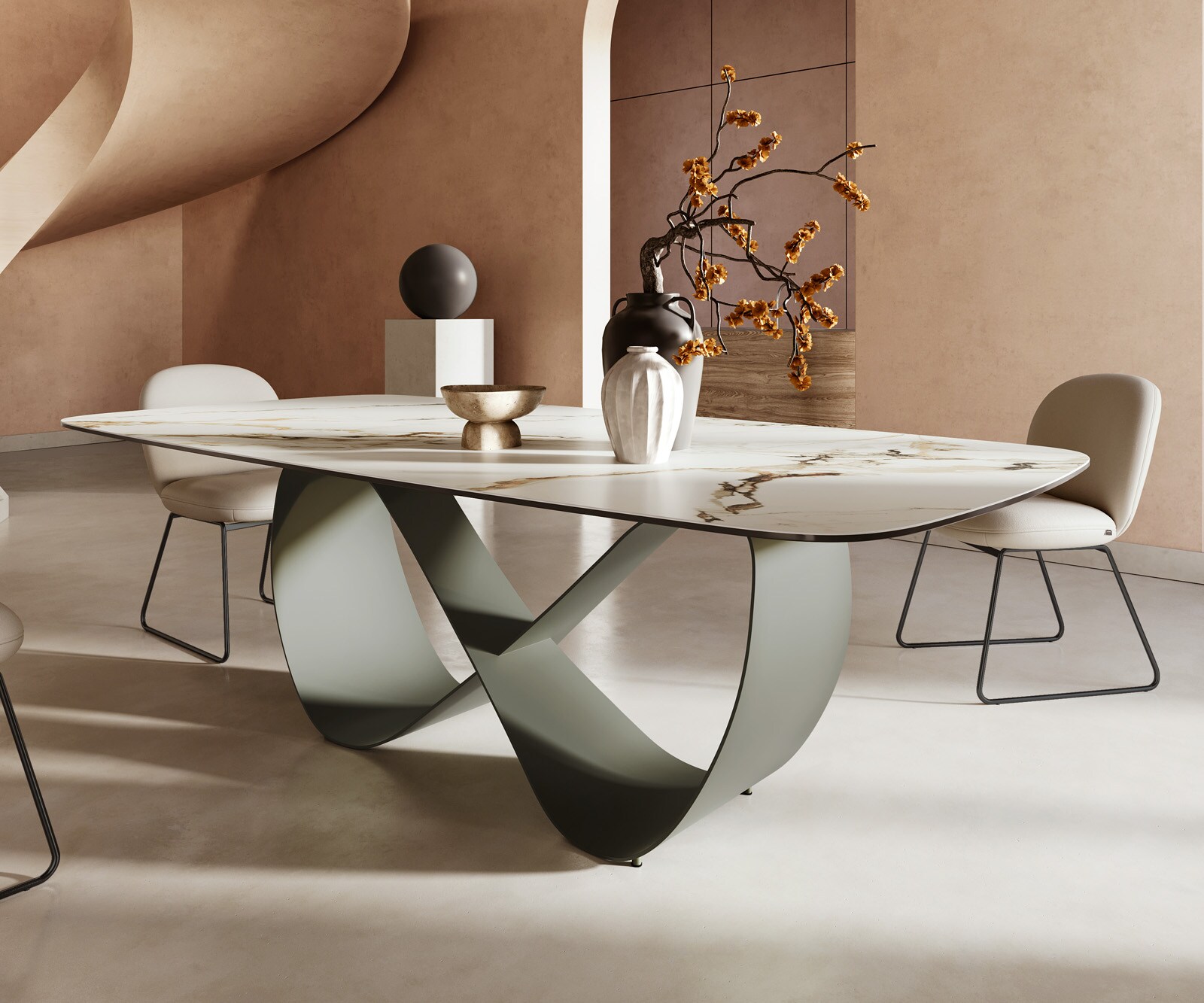 Eettafel Edge Boot 240x120cm keramiek Calacatta Luxe wit-goud-grijs Infinity metaal effect afwerking titanium 5