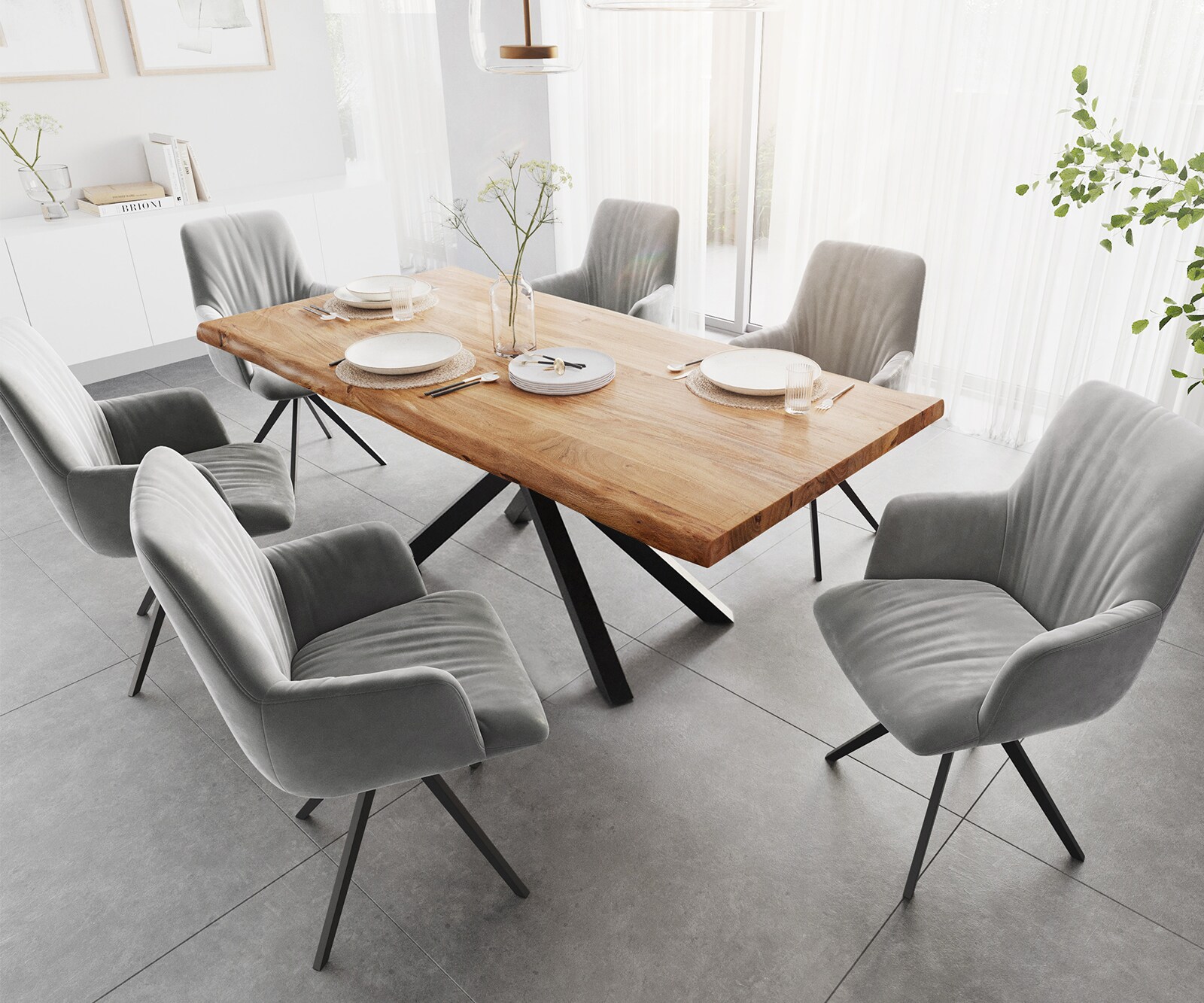 Eettafel Edge 200x100 XL acacia natuur Kreuzframe rechthoek zwart Live-Edge 5