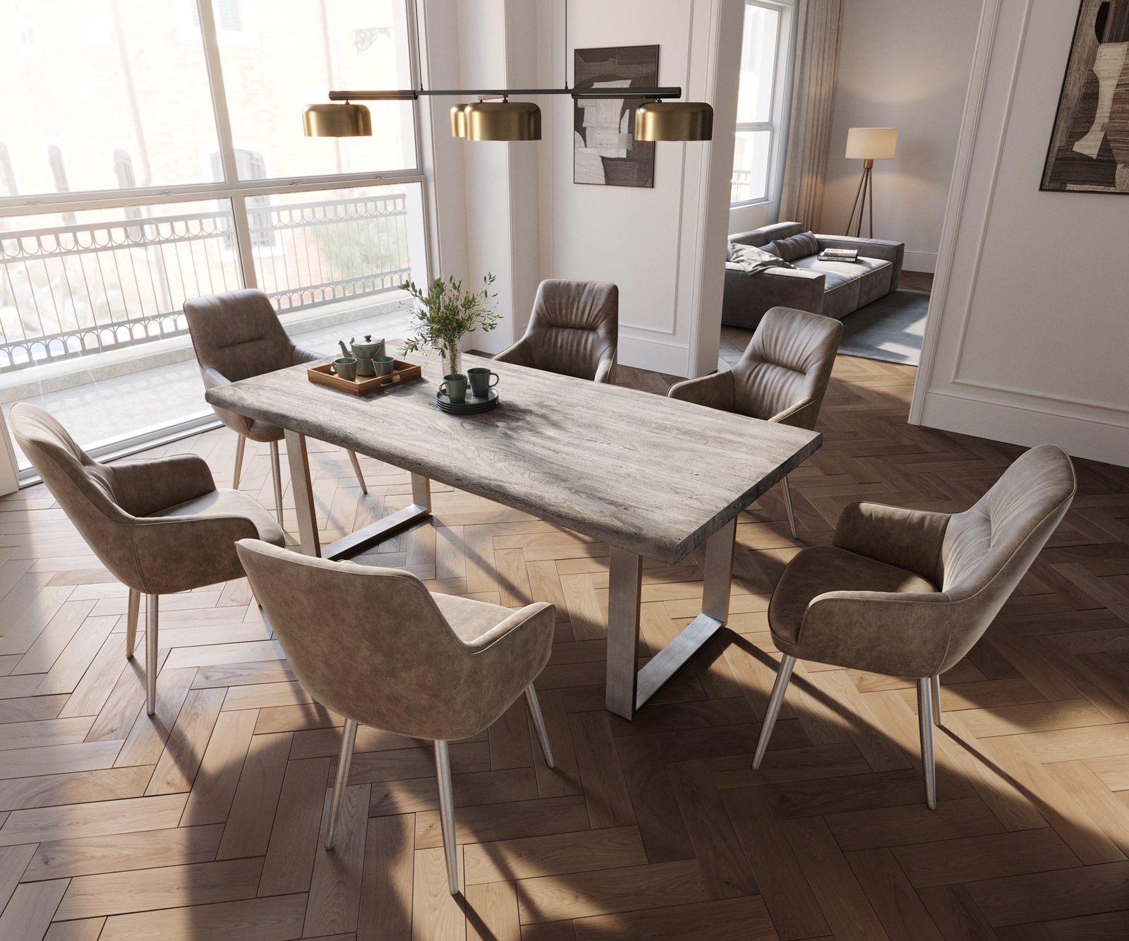 Eetkamerstoel Zelia-Flex met armleuning microvelours taupe vintage 4-poot conisch roestvrij staal pocketveer kern 4