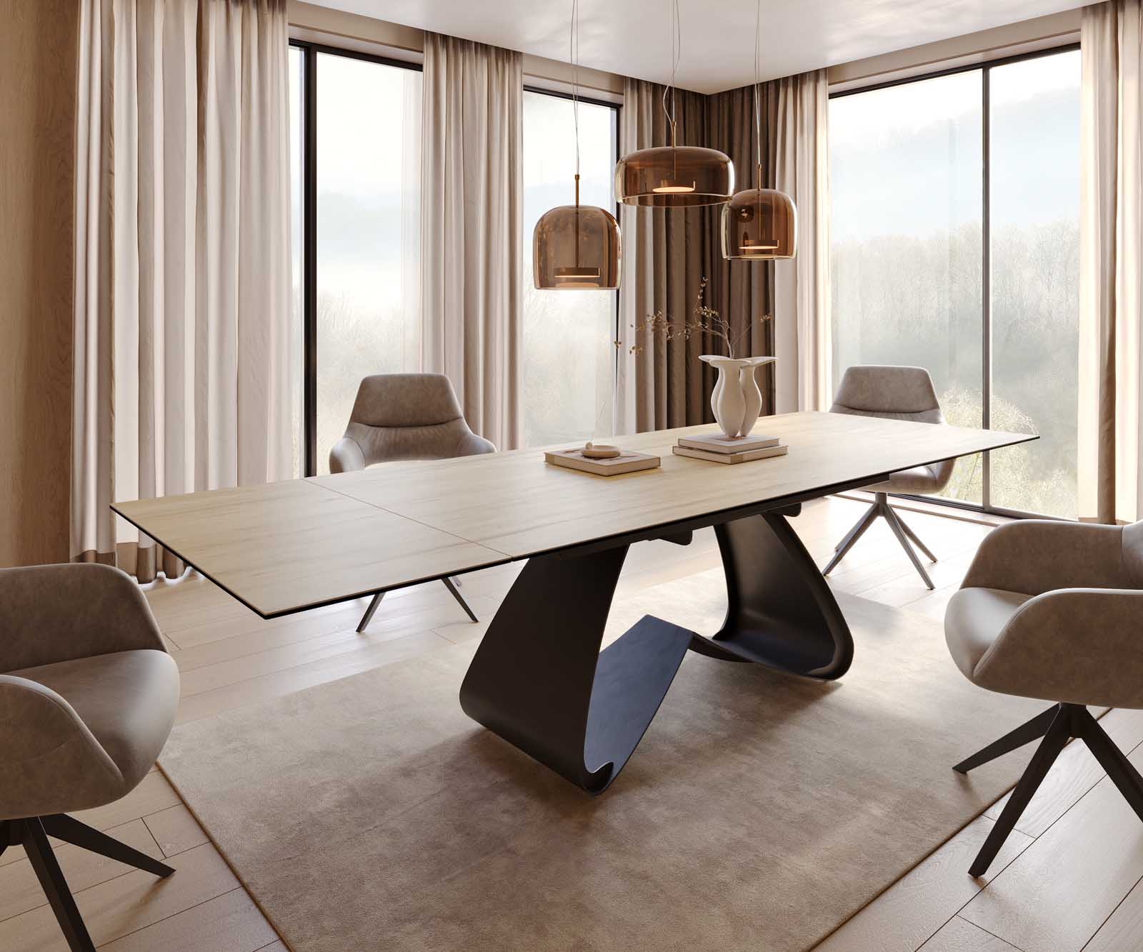 Eetkamertafel Edge 200-300x100 keramiek Laminam® Sabbia eiken kleur W-frame zwart uitschuifbaar